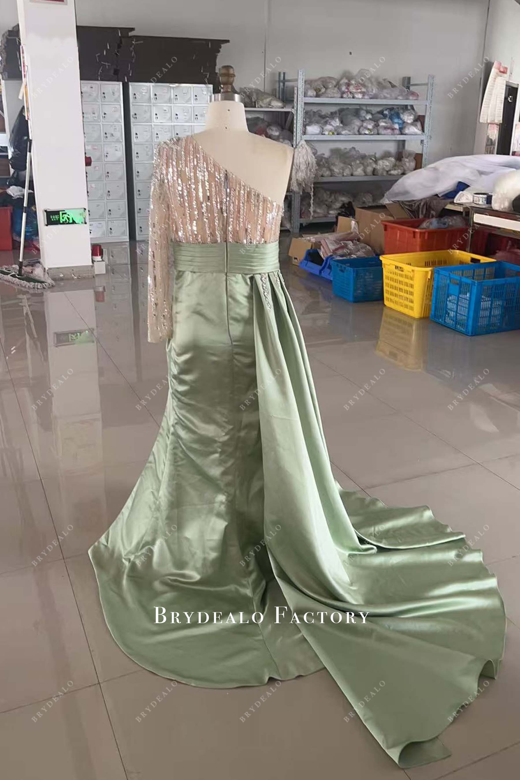 dusty sage satin steamer sparkly designer wedding dress