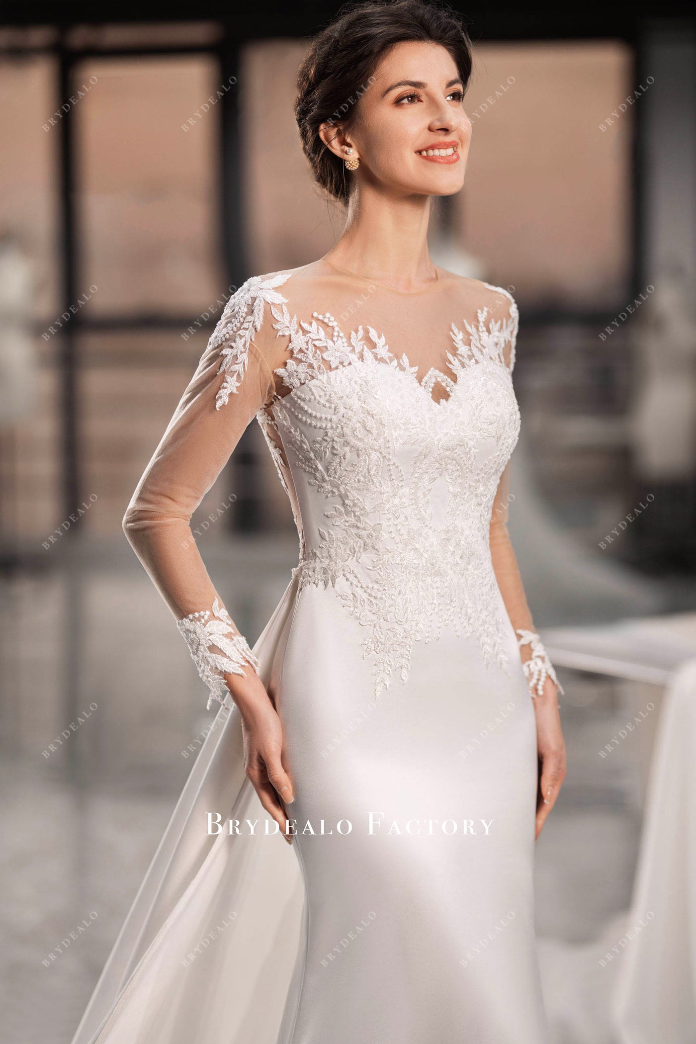 Hot Selling Handmade Beading Long Sleeve Wedding Party Evening Gown With Overskirt MB40215 main image 0