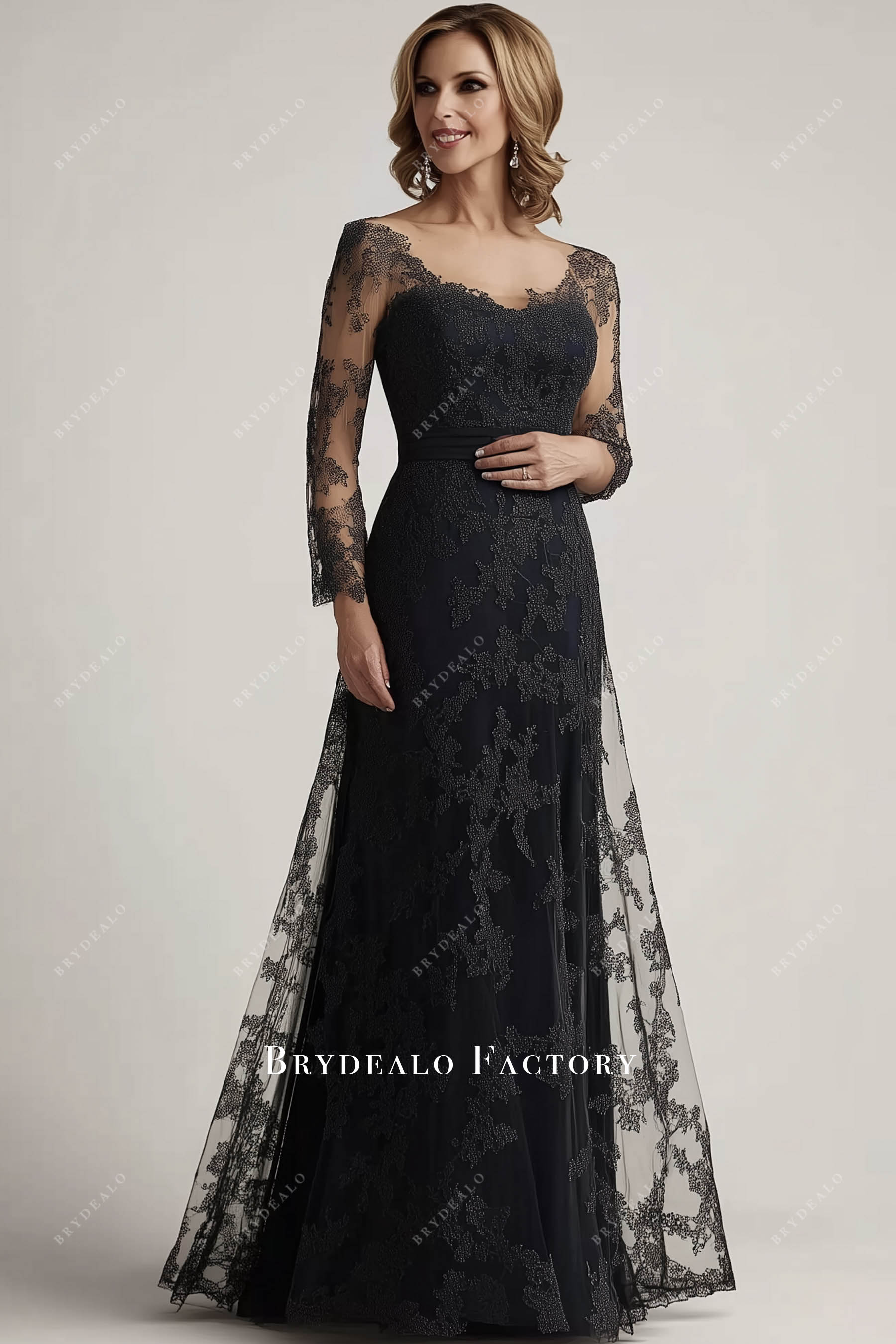 elegant black long sleeve lace mother of bride dress