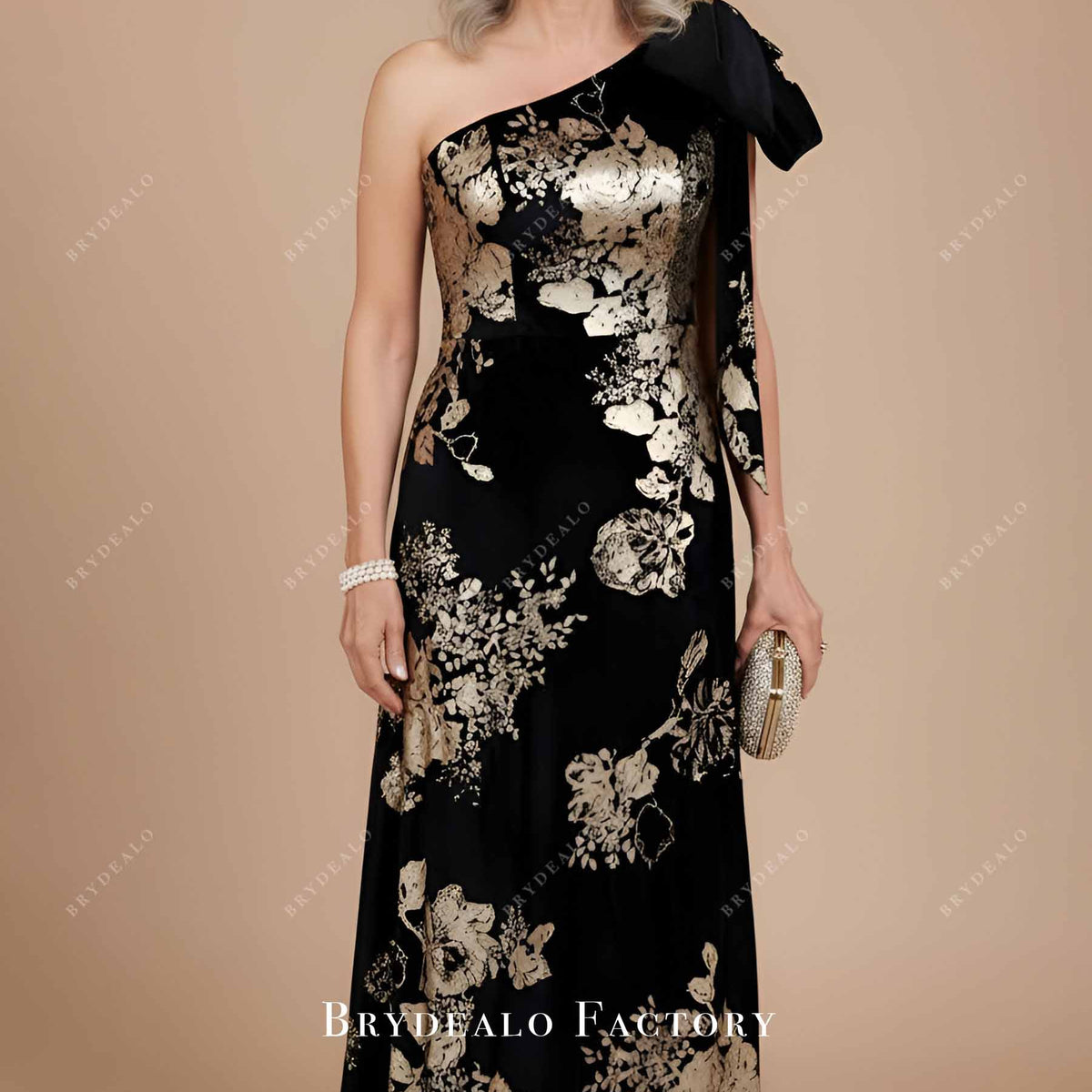 Black Gold Velvet One Shoulder Knot Mother of Bride Dress