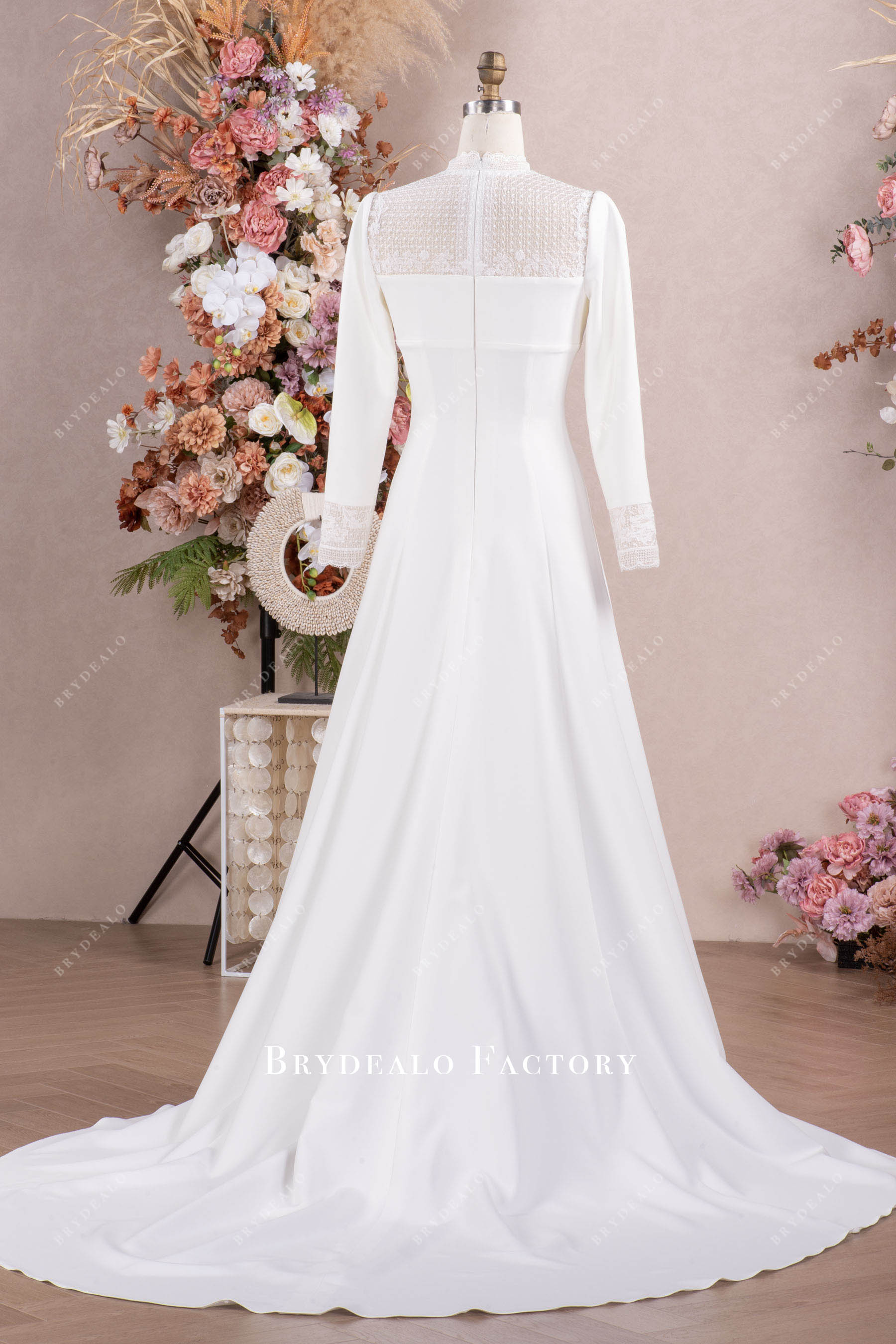 elegant lace crepe fit flare wedding dress