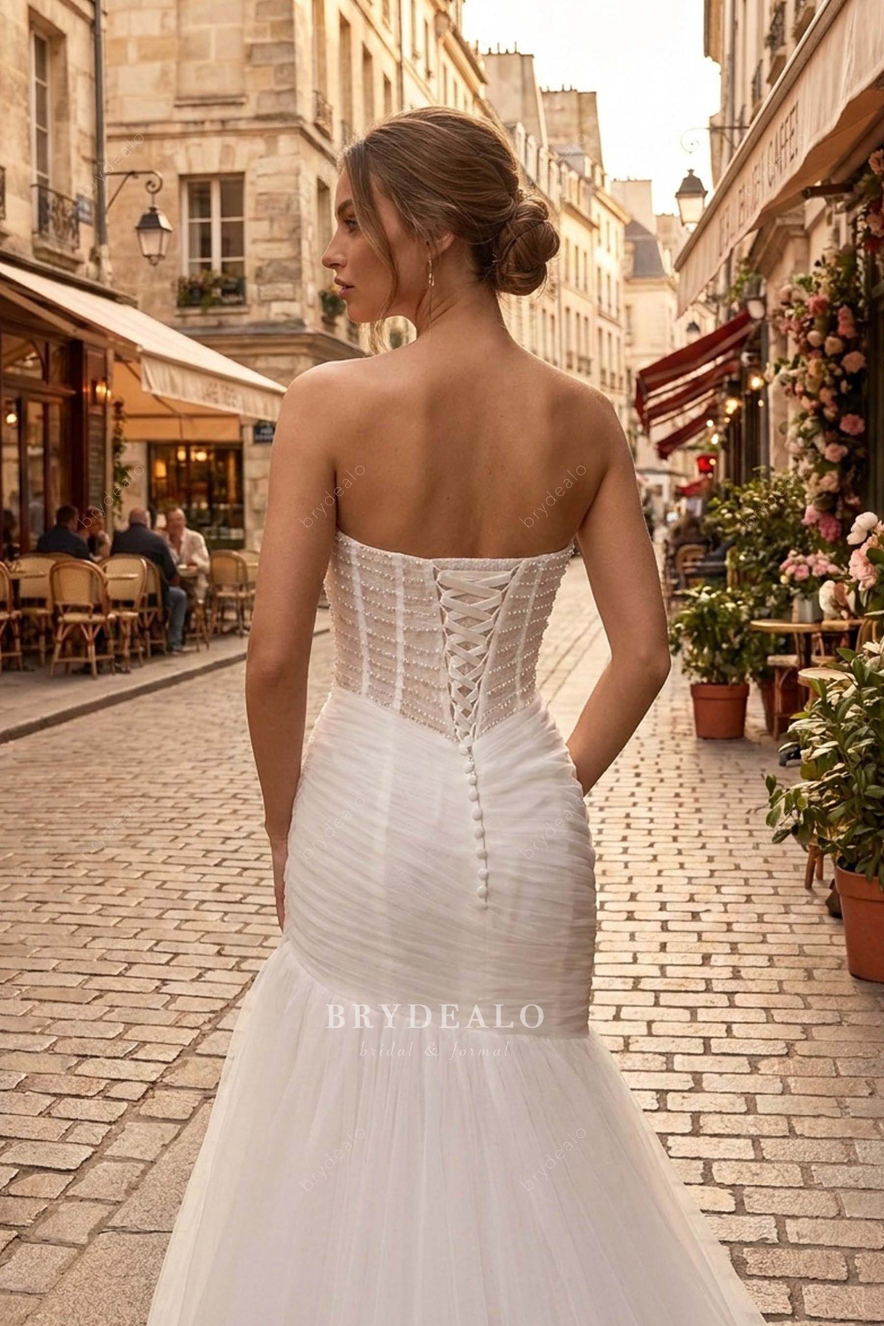 elegant pearl back wedding dress