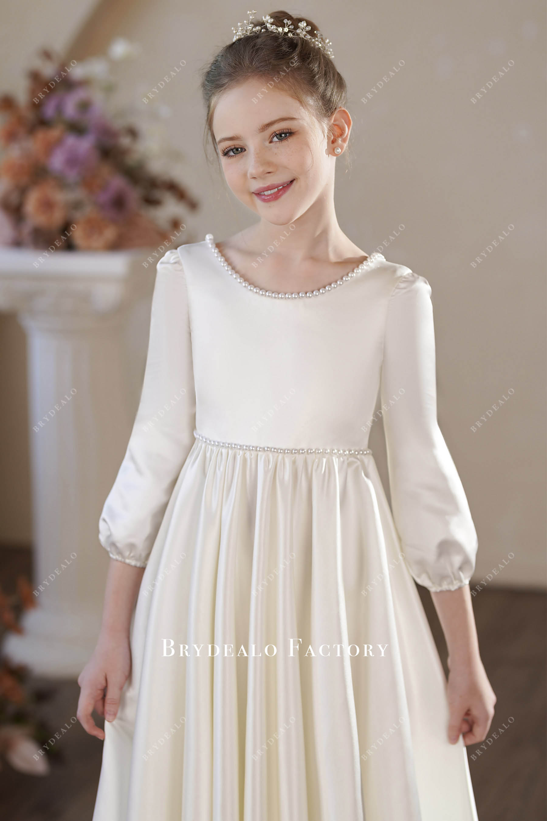 elegant pearl boat neck flower girl dress