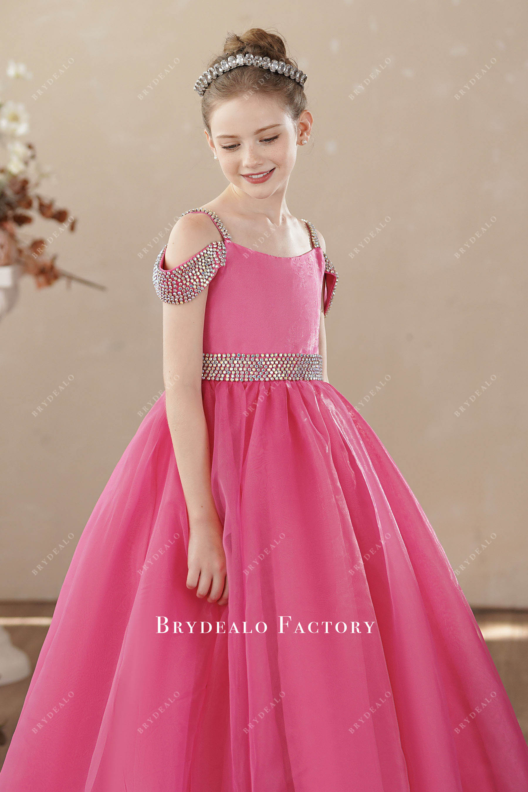 elegant rhinestone cold shoulder kids birthday gown