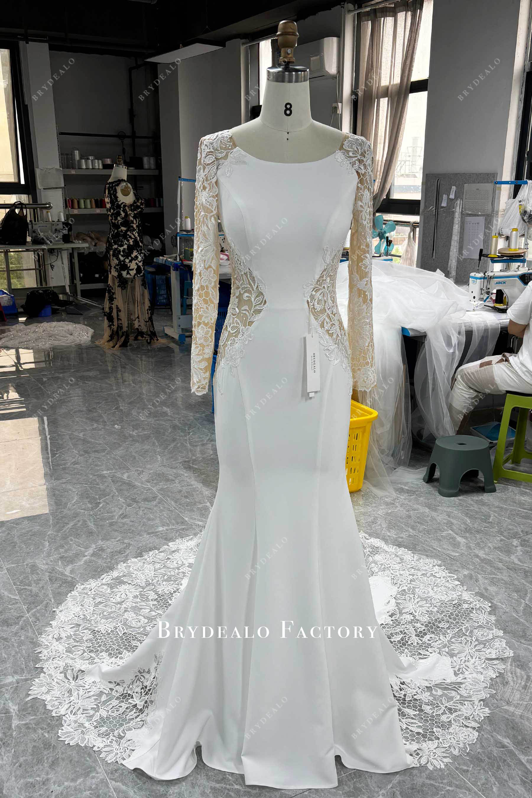 Elegant Long Cutout Lace Train Crepe Mermaid Wedding Dress