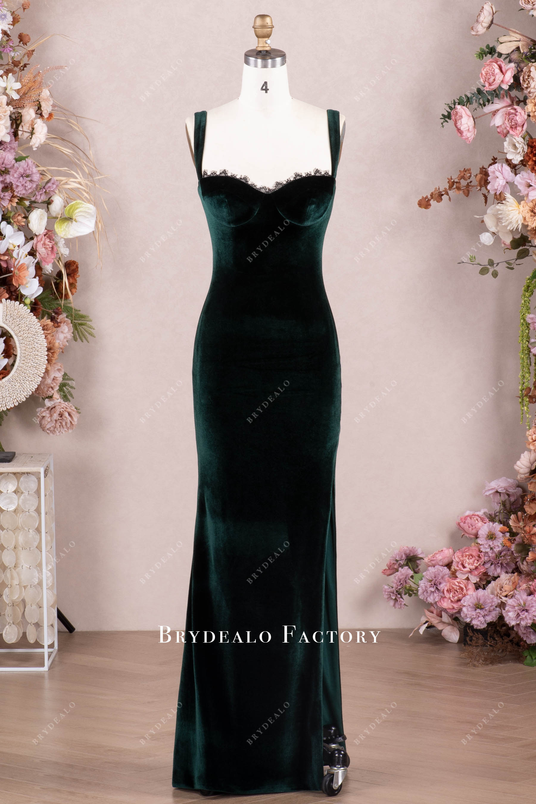 elegant straps velvet high slit evening dress