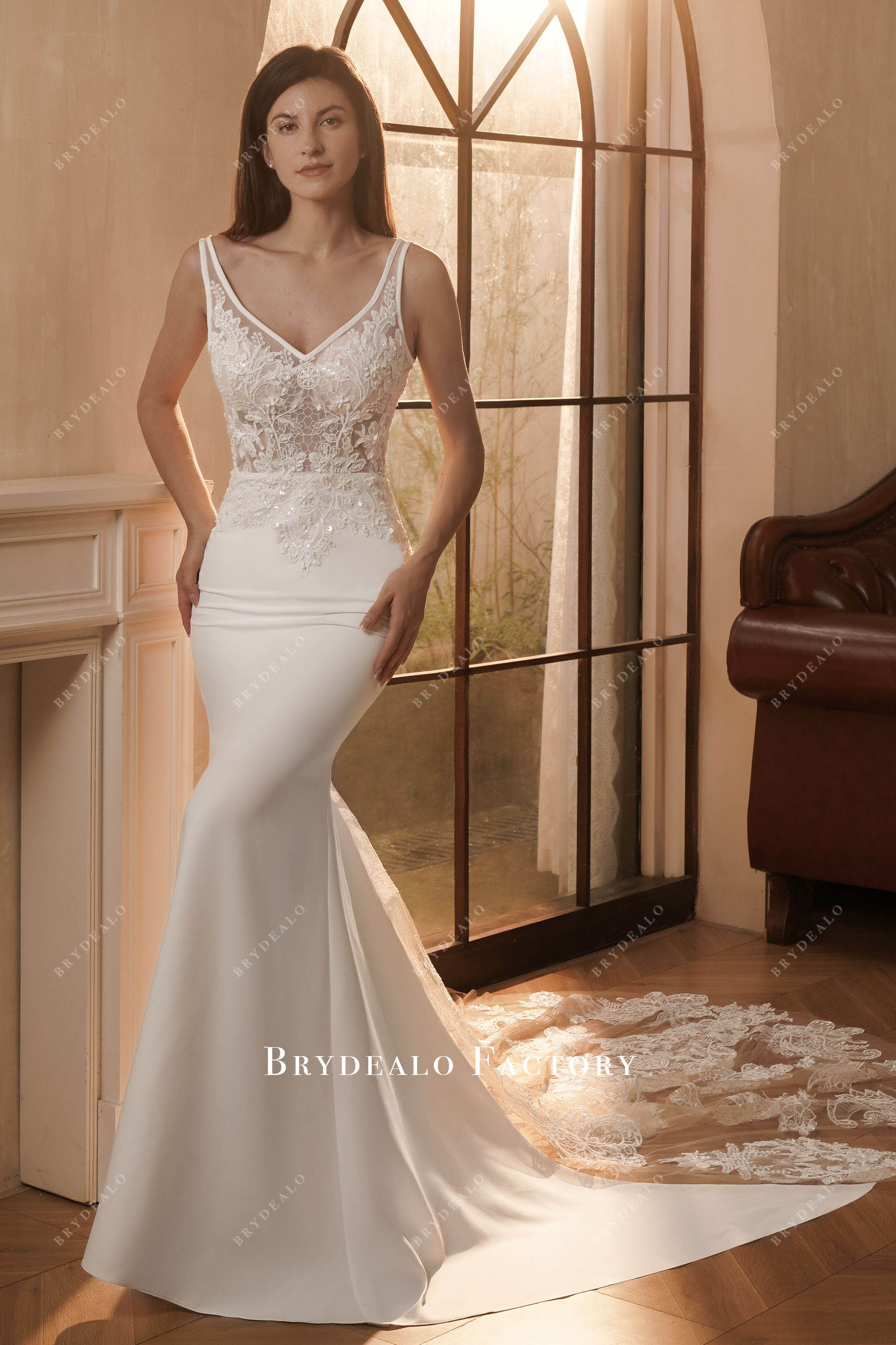 elegant v-neck lace crepe wedding dress