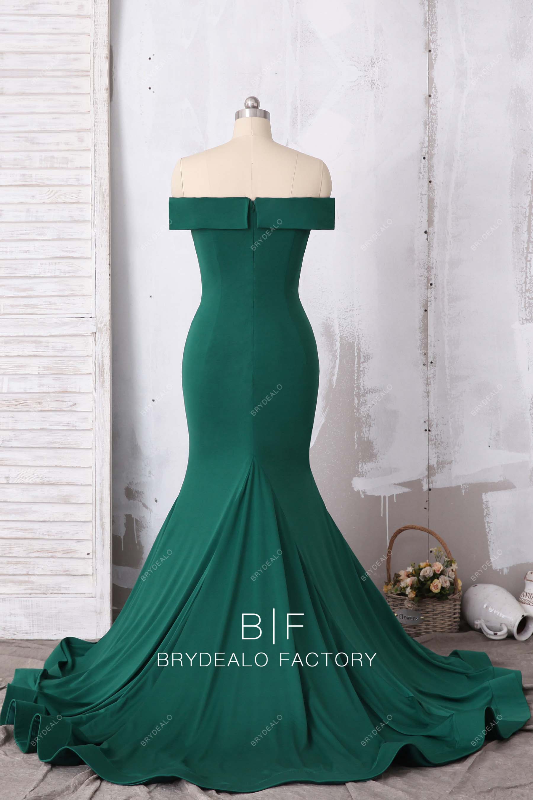 emerald green jersey long train bridesmaid dress