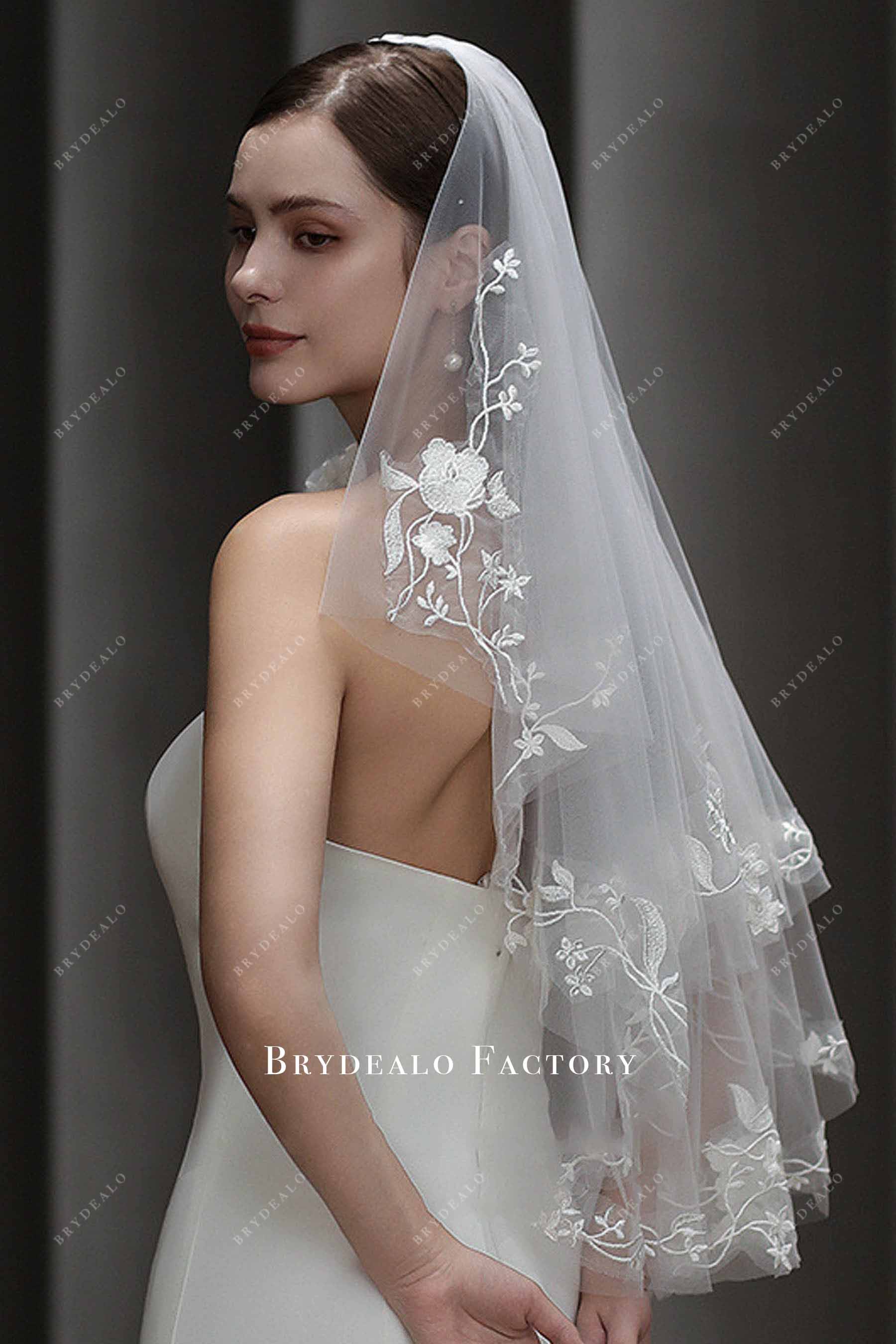 fingertip embroidery lace bridal veil