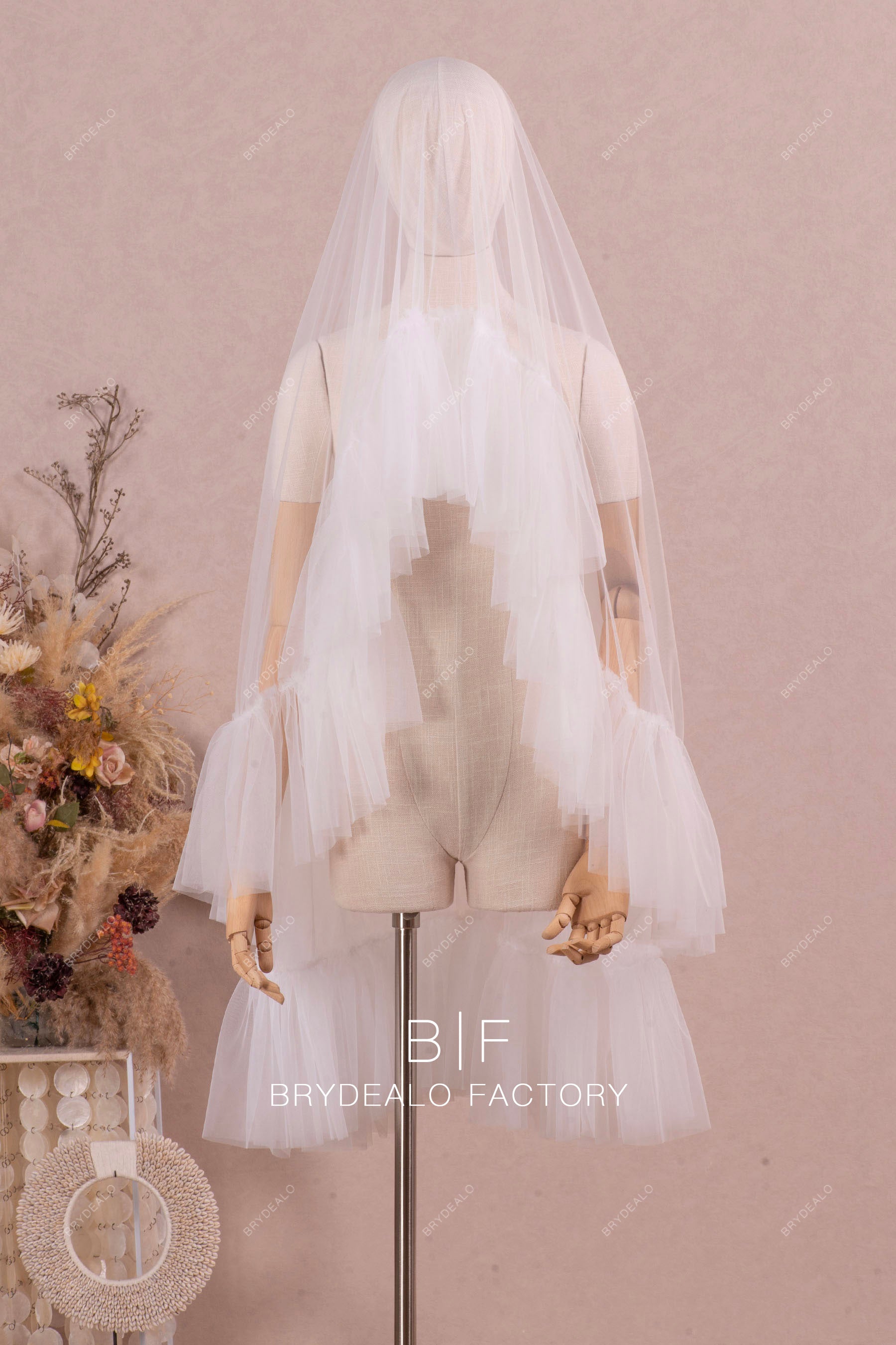 Brydealo Factory Beaded Two-Tiered Fingertip Length Designer Wedding Veil