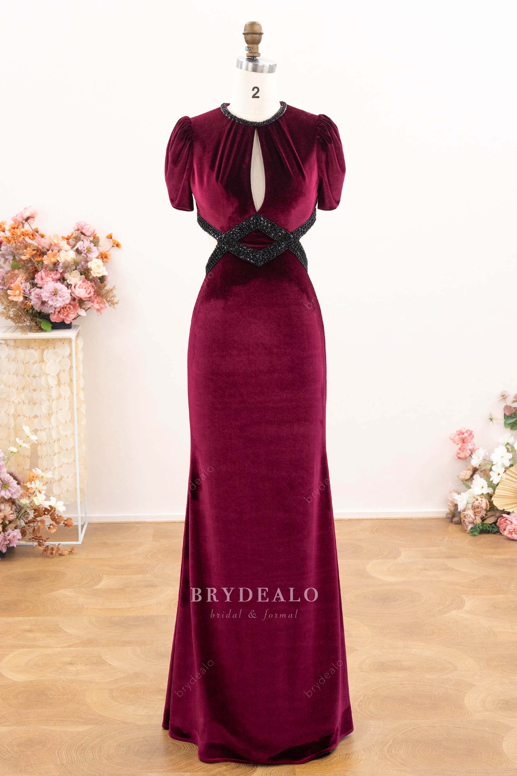 fit flare velvet sleeved formal dress