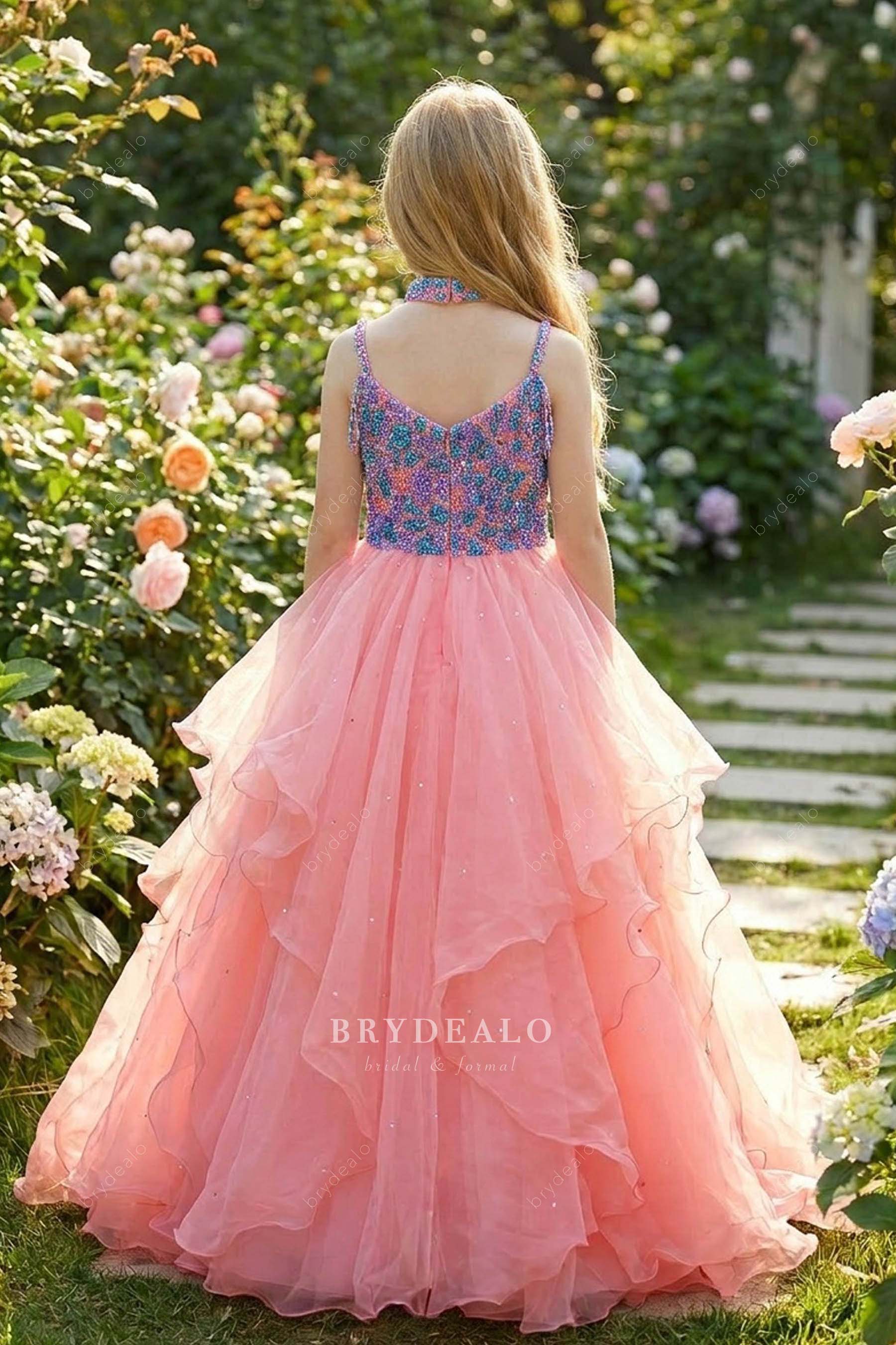 flamingo beaded little girl pageant gown