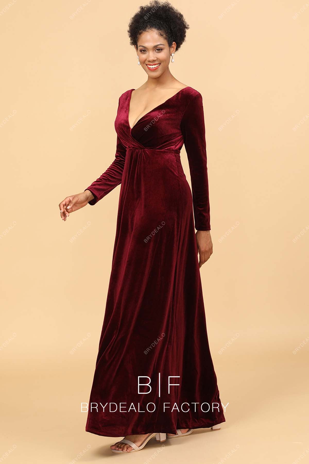 red V-neck Velvet Long Sleeve long bridesmaid dress