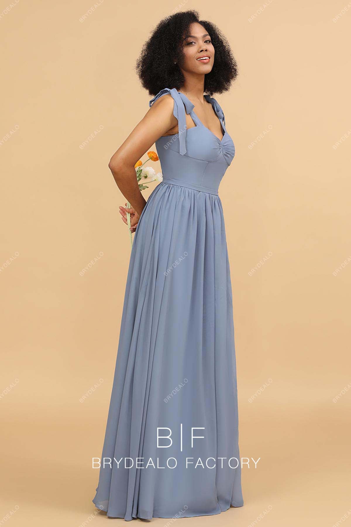 floor length chiffon dusty blue A-line bridesmaid dress