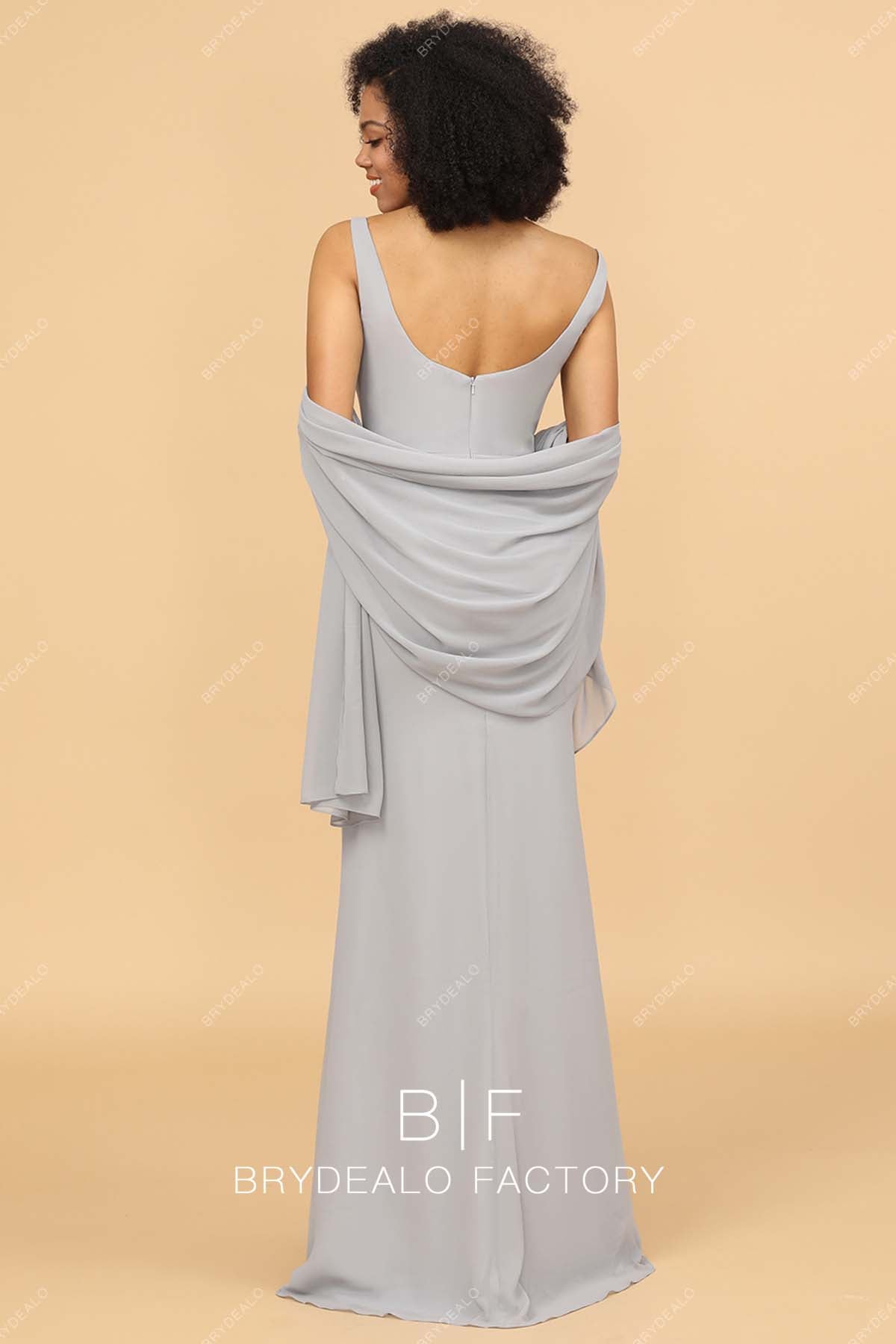 Floor Length Grey Sleeveless Chiffon Cape Bridesmaid Dress