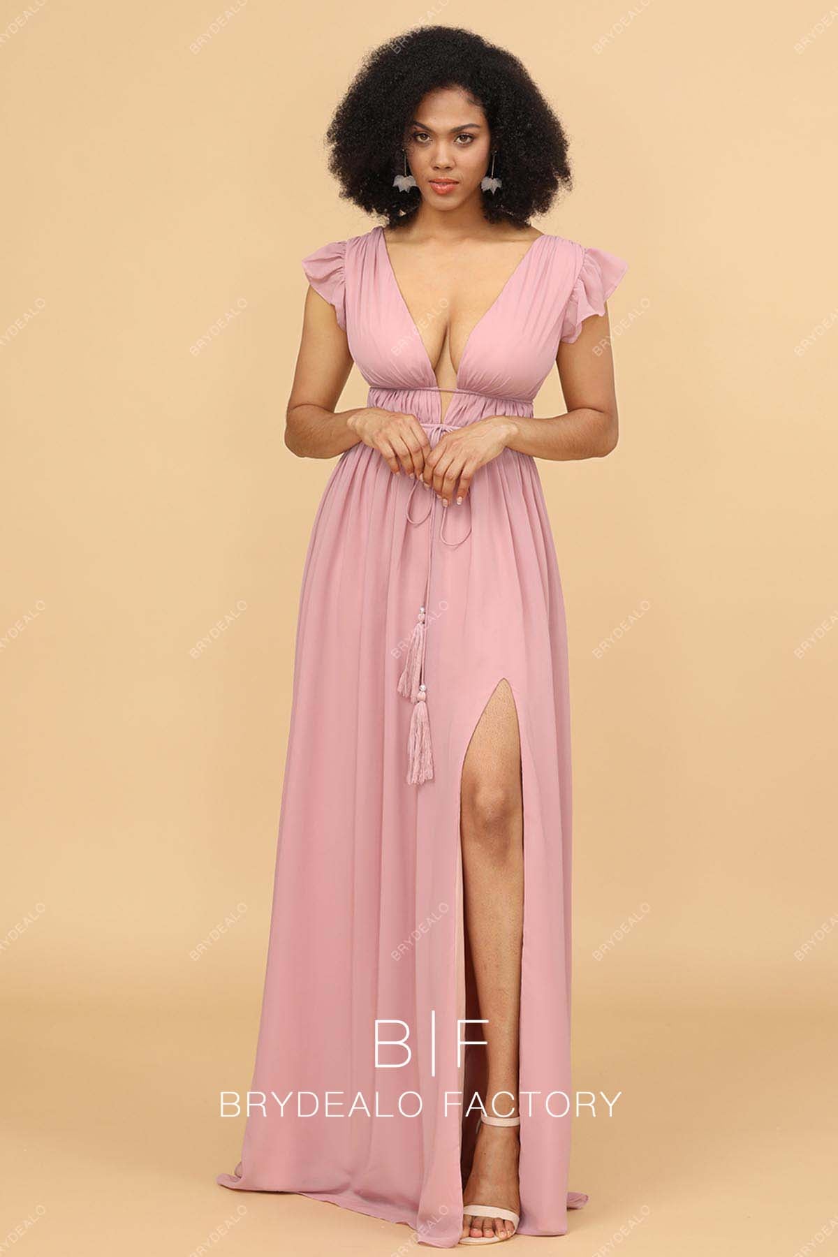 V-neck Chiffon Pink A-line Slit Bridesmaid Dress