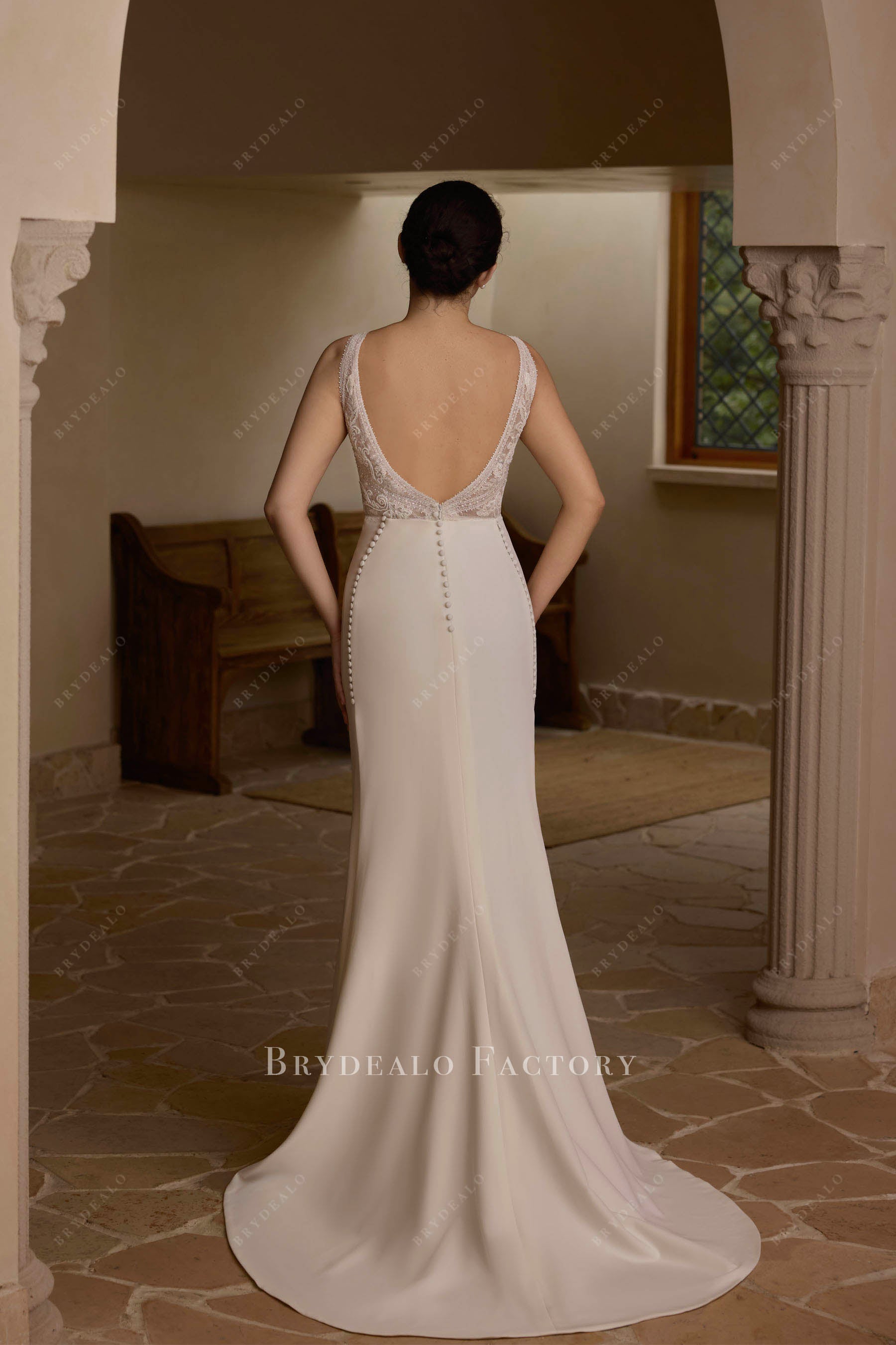 floor length detachable crepe wedding dress
