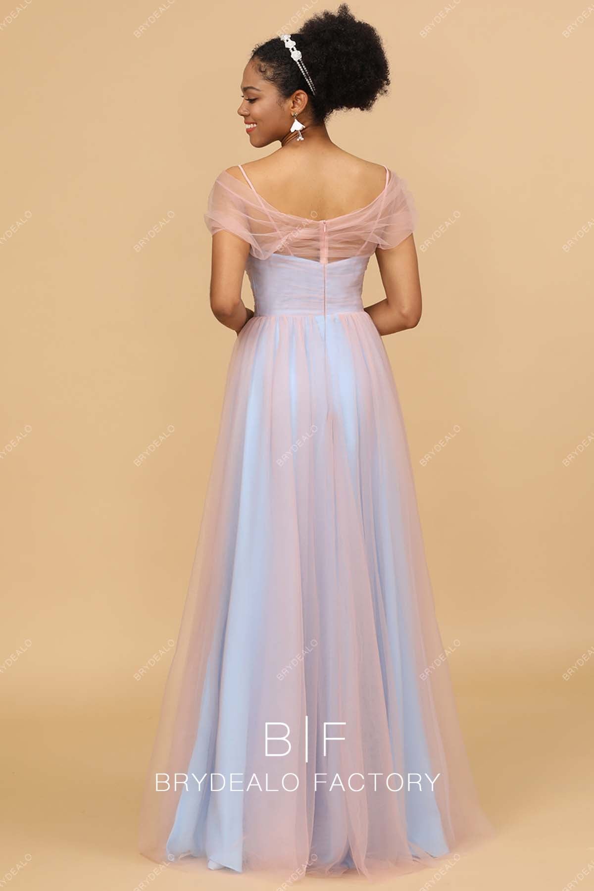 floor length pink tulle overlaid blue bridesmaid gown 