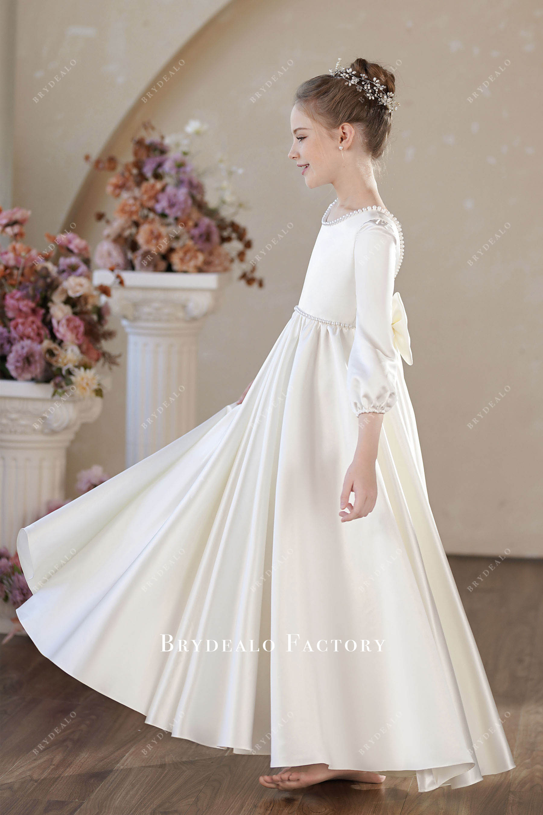 floor length satin Aline flower girl dress