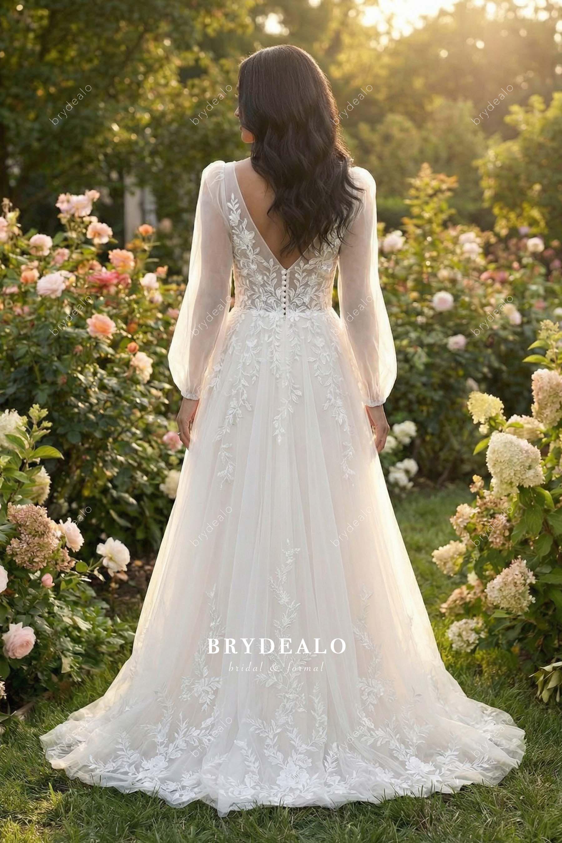 floral lace court train wedding dress