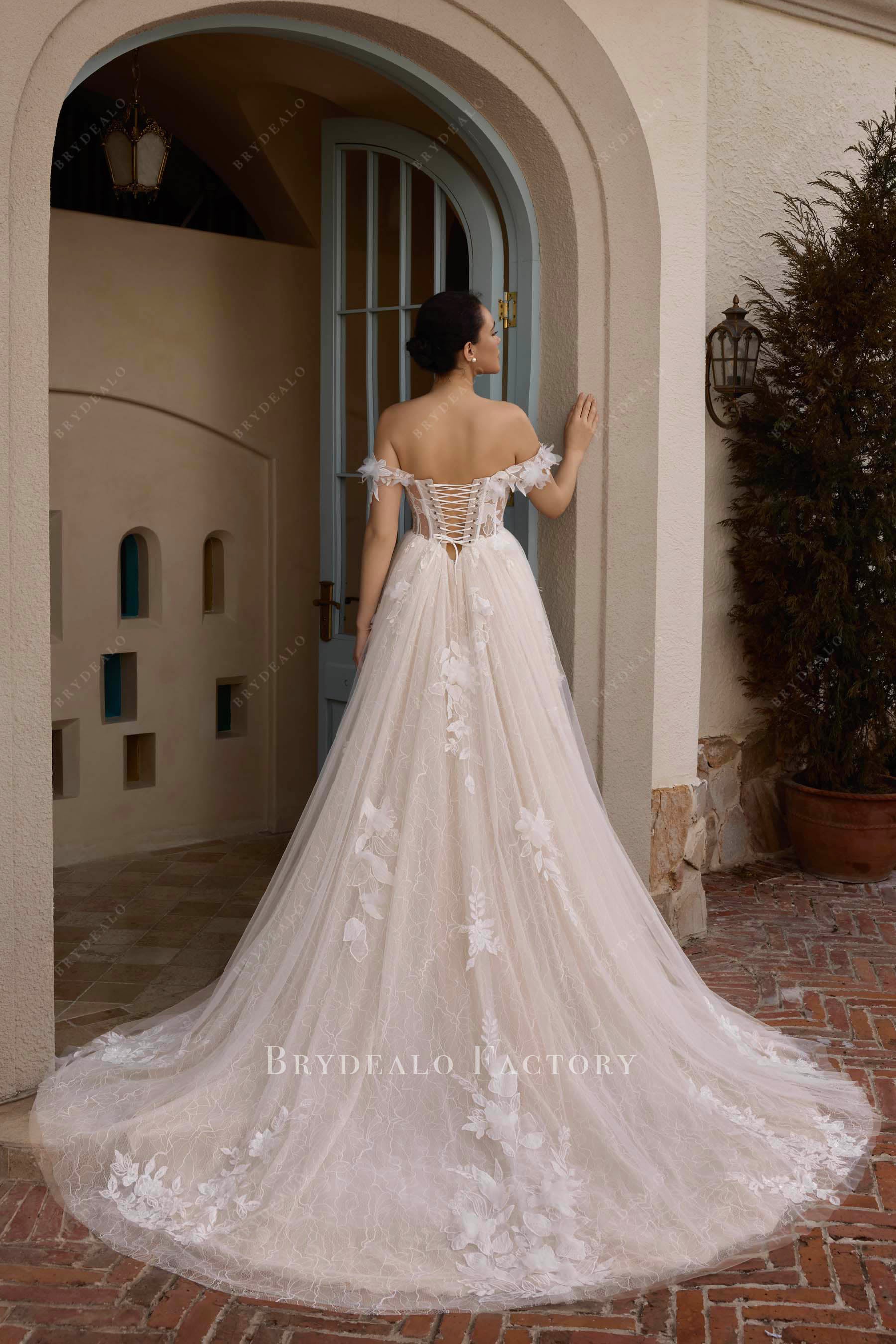 floral lace off-shoulder garden wedding dress