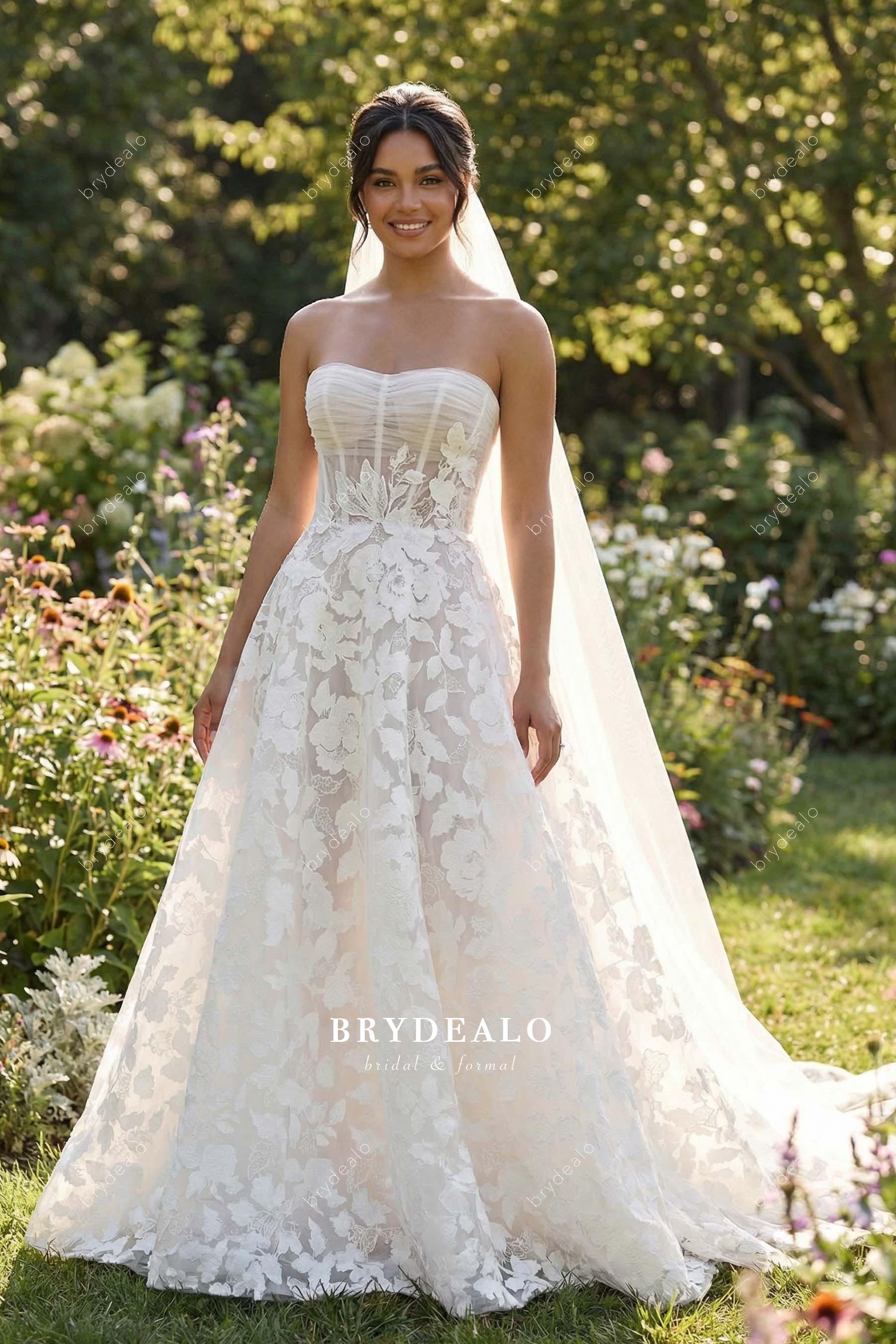 floral lace strapless a line wedding dress