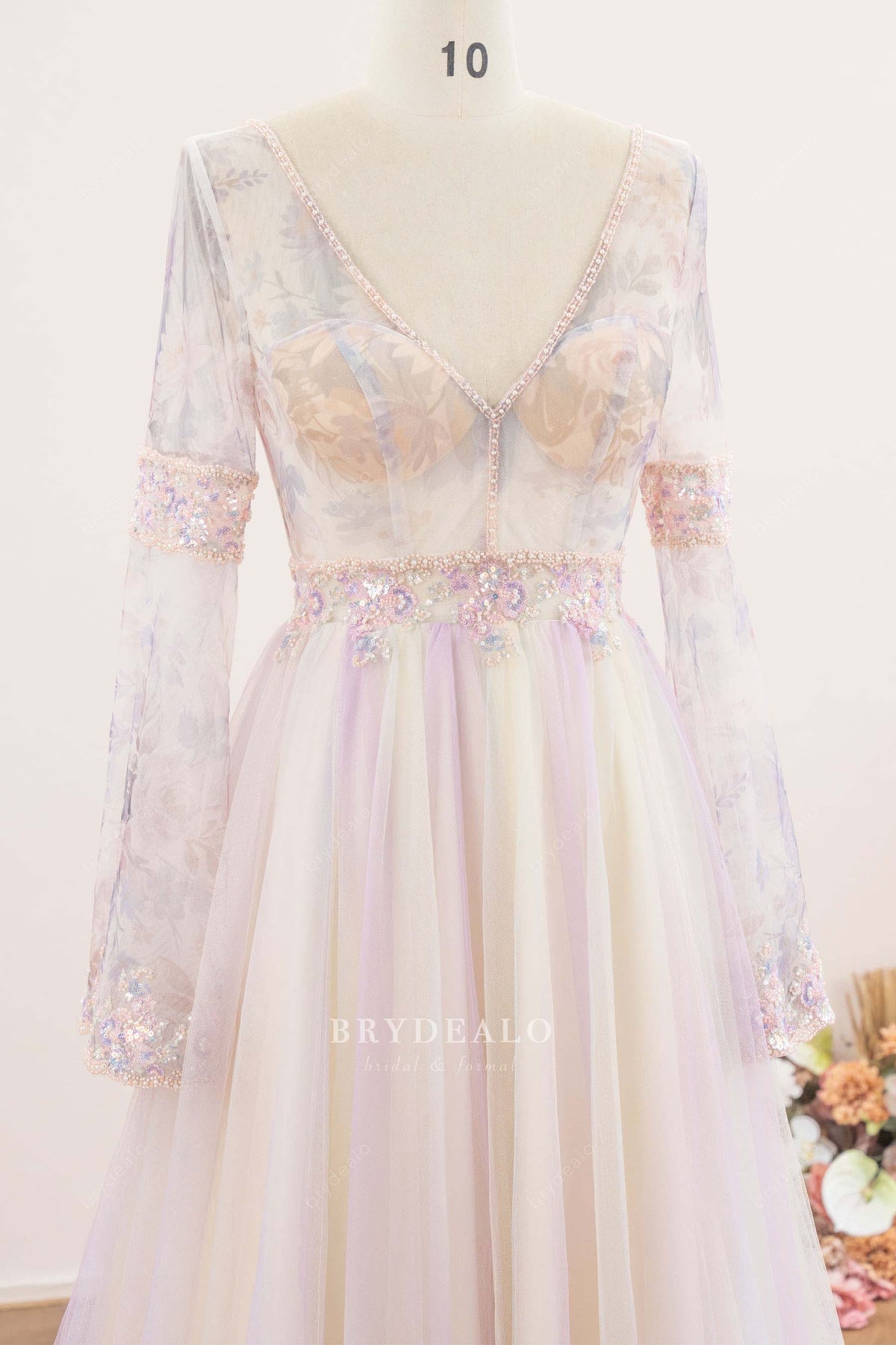 floral tulle scalloped waist wedding dress