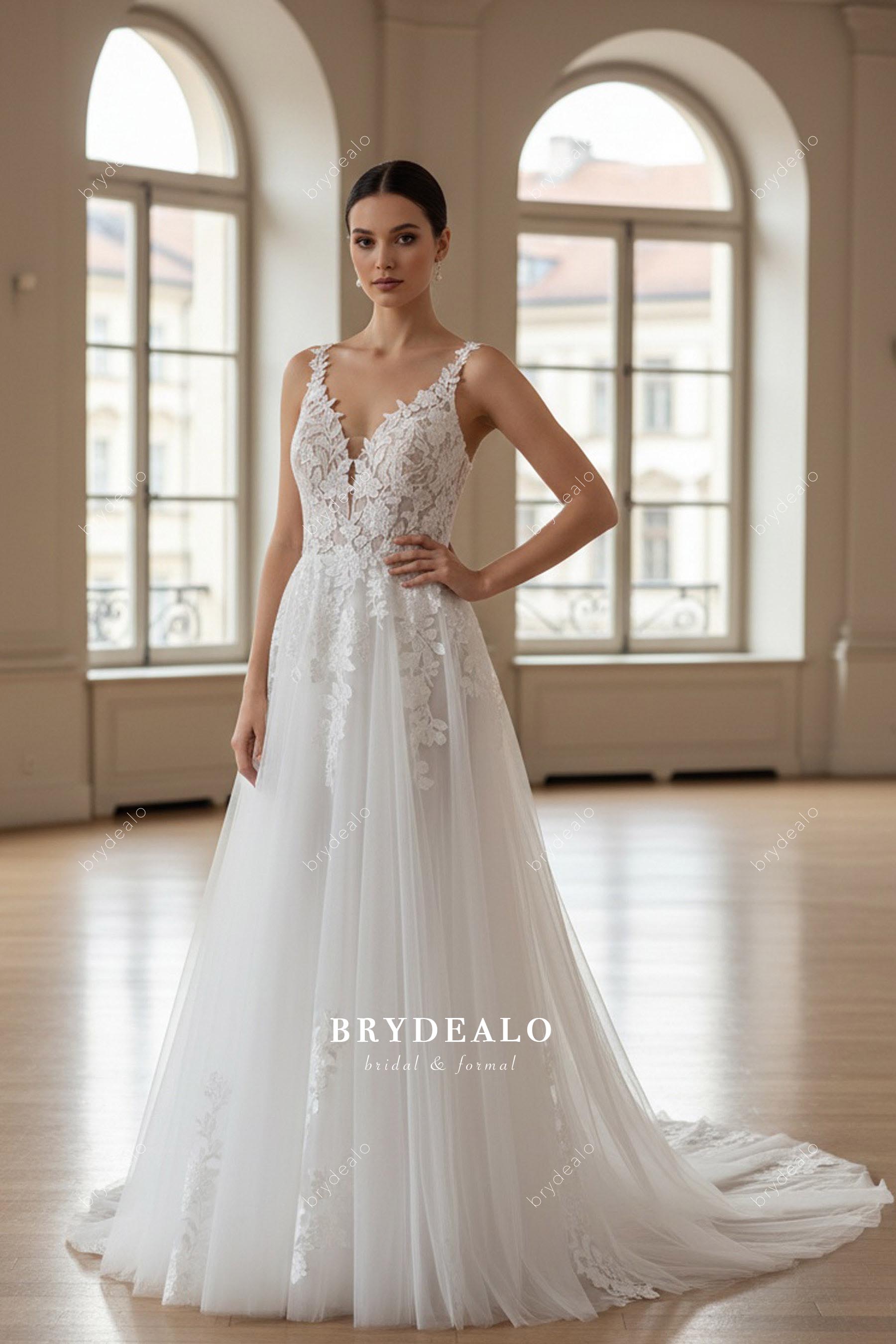 flower lace tulle A-line wedding dress