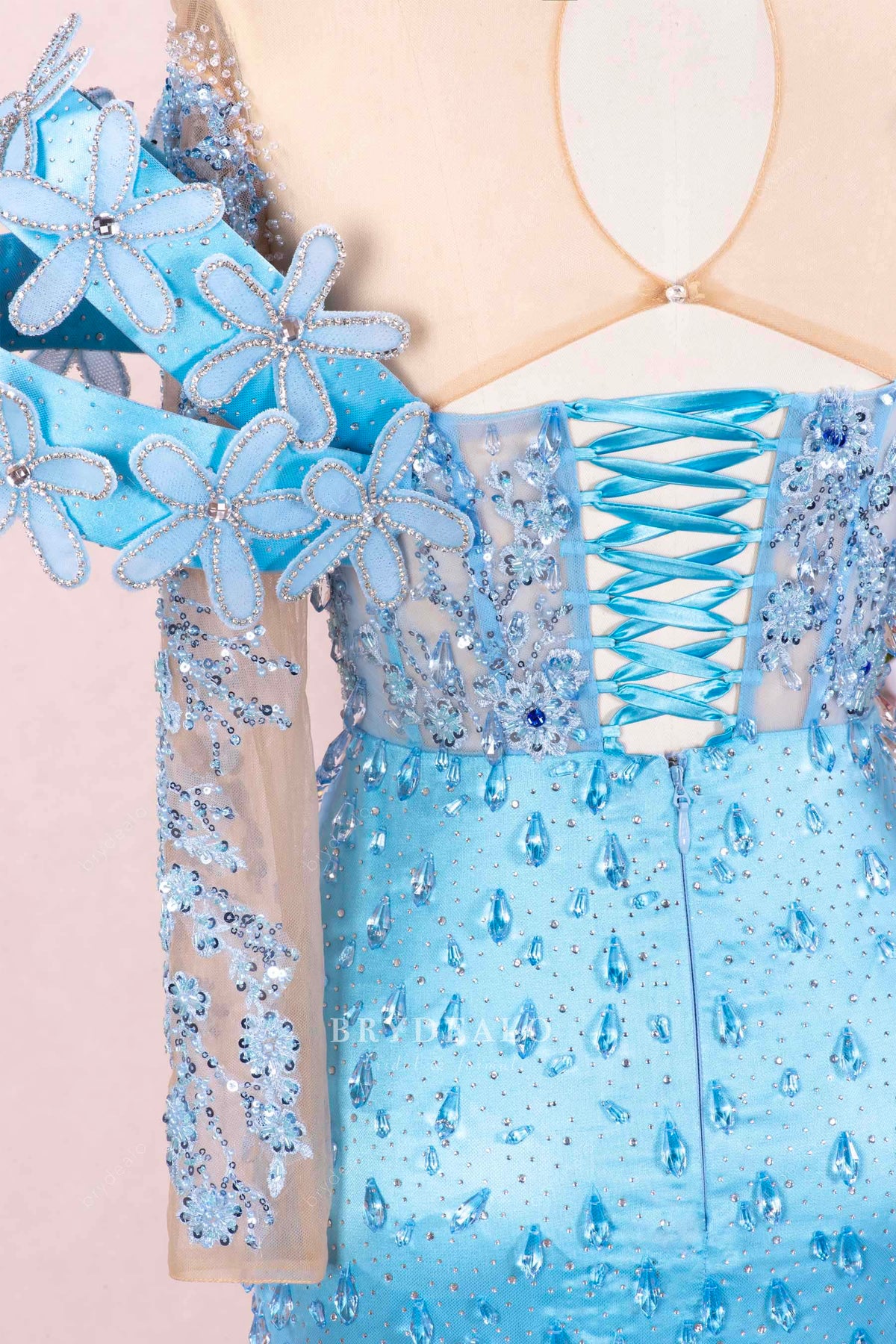 flower panel shoulder prom dress
