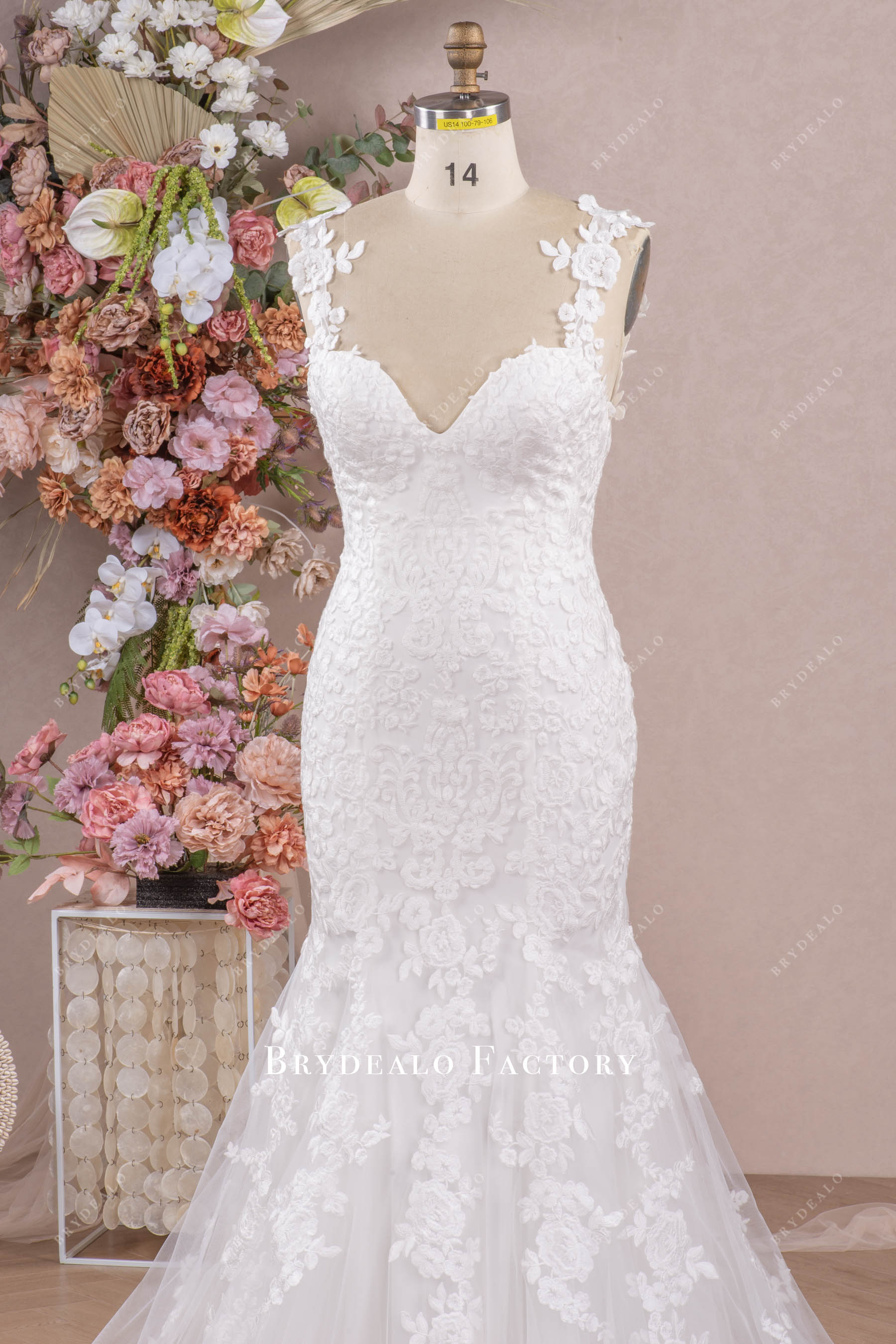flower straps lace wedding dress