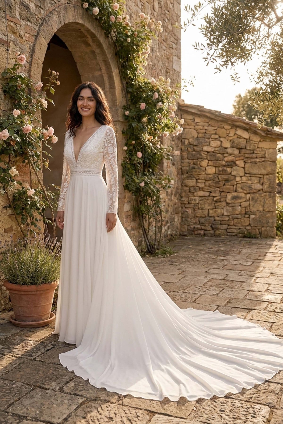 flowing boho lace sleeve wedding dress