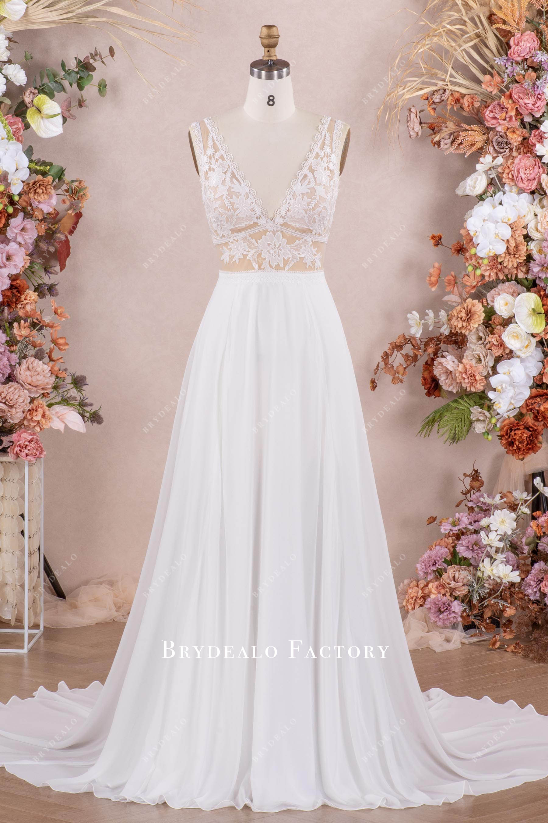 flowing chiffon A-line boho wedding dress