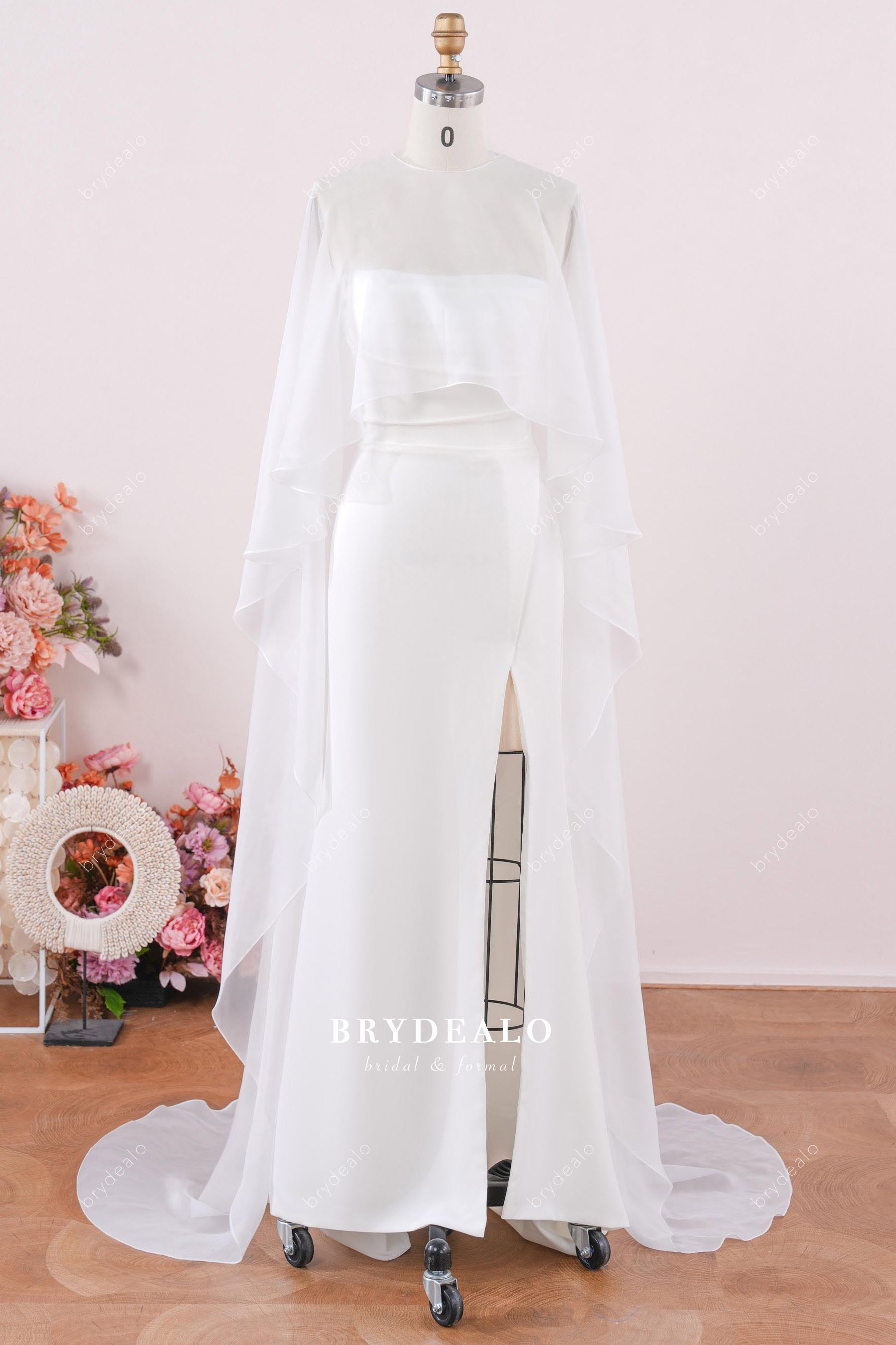 flowing chiffon cape slit crepe wedding dress