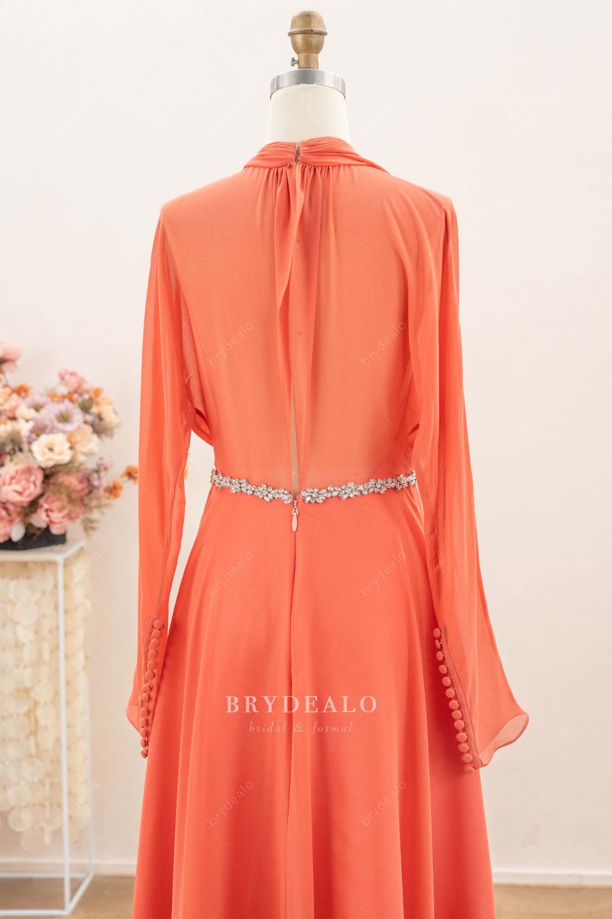 flowing chiffon long sleeve formal dress