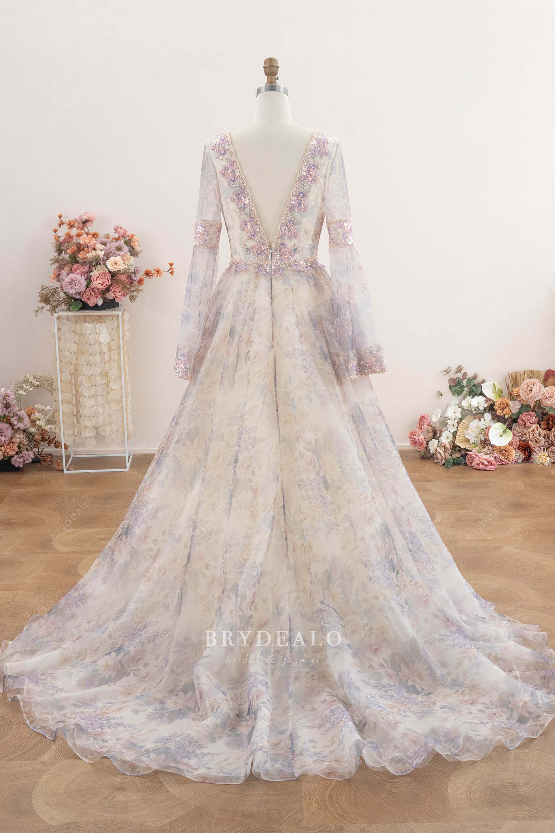 flowing floral organza wedding dress