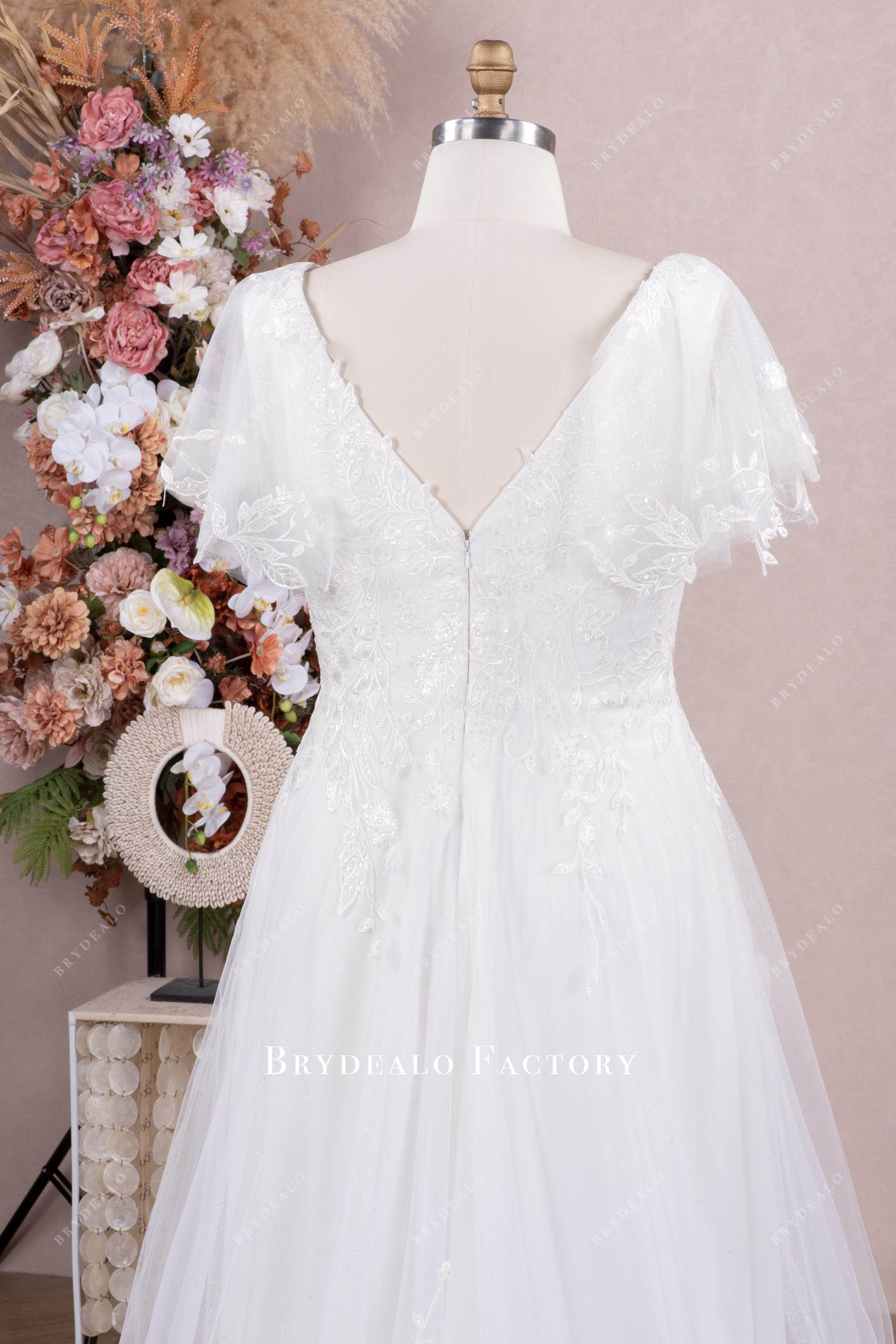 flutter sleeve V-back wedding dress