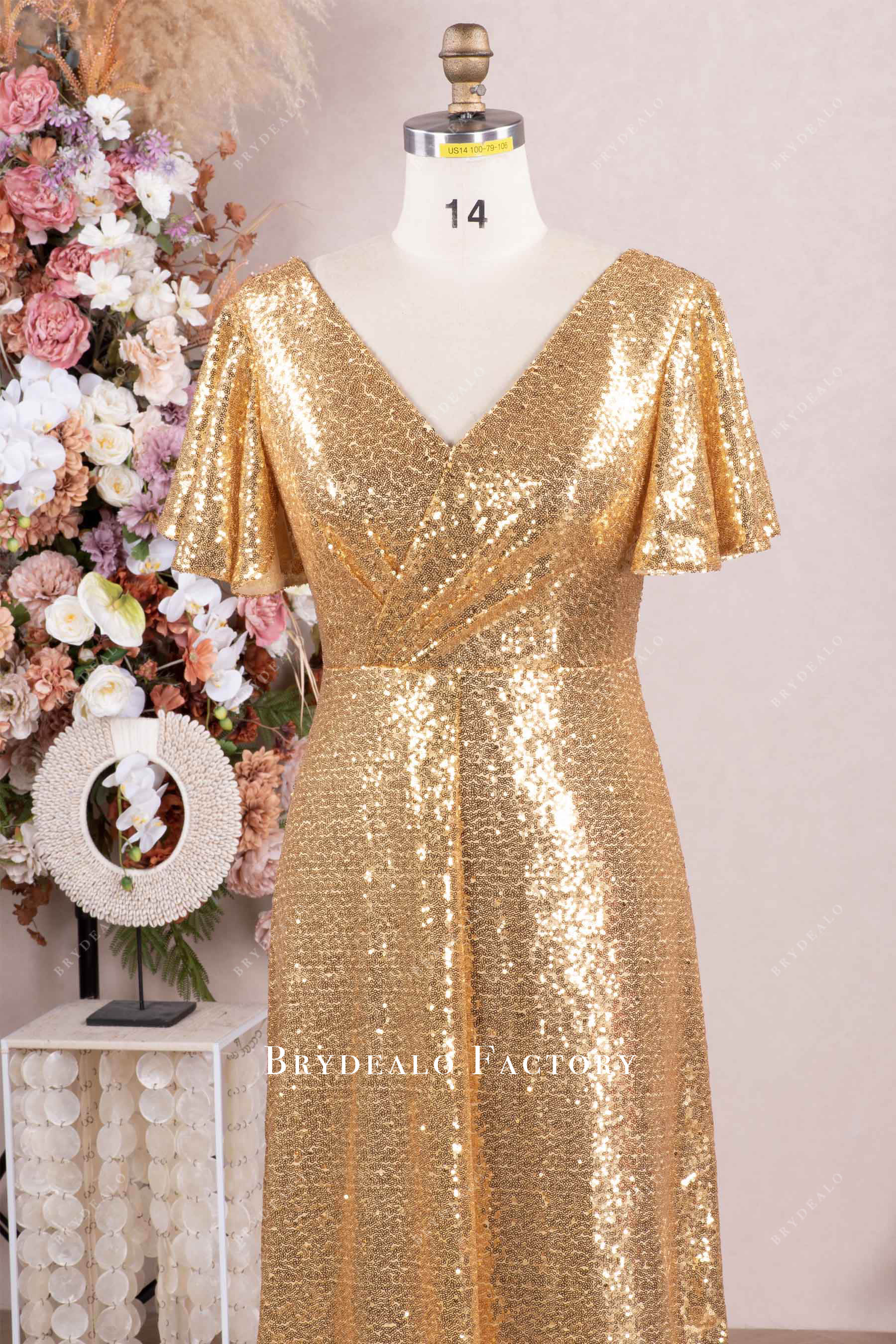 flutter sleeve V-neck mother of bride dress