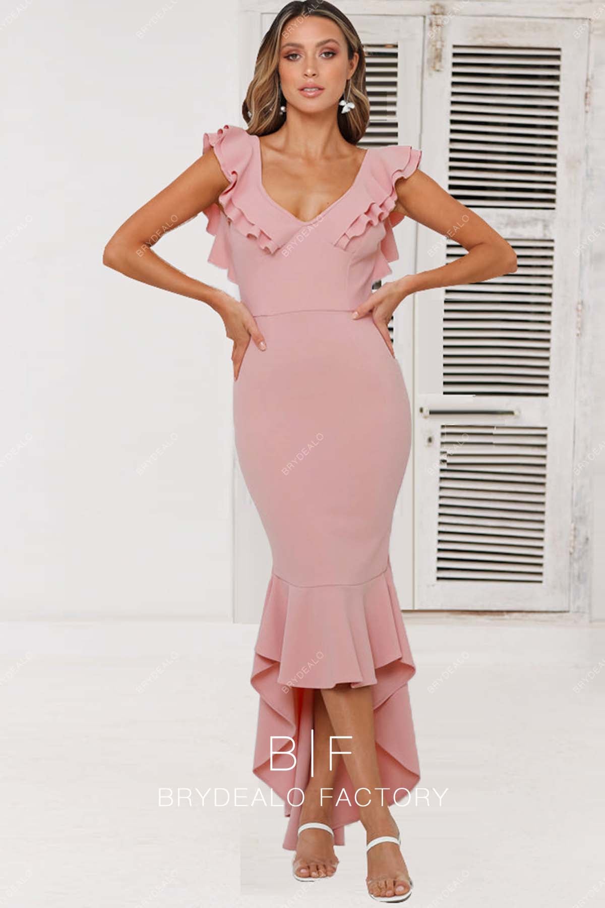 Nude Pink V-neck Ruffled High-low Mermaid Bridesmaid Dress