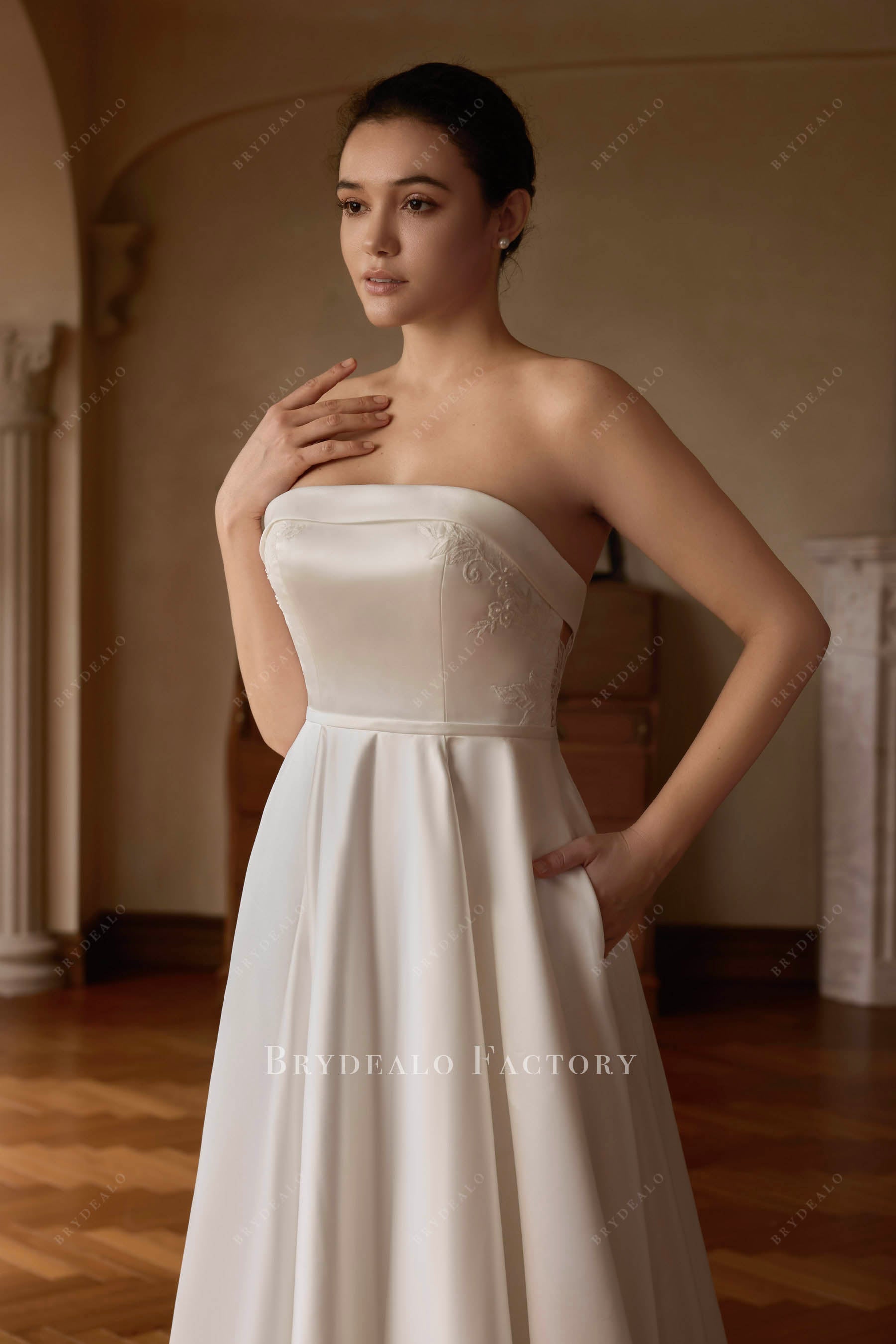 folded straight across neck wedding dress