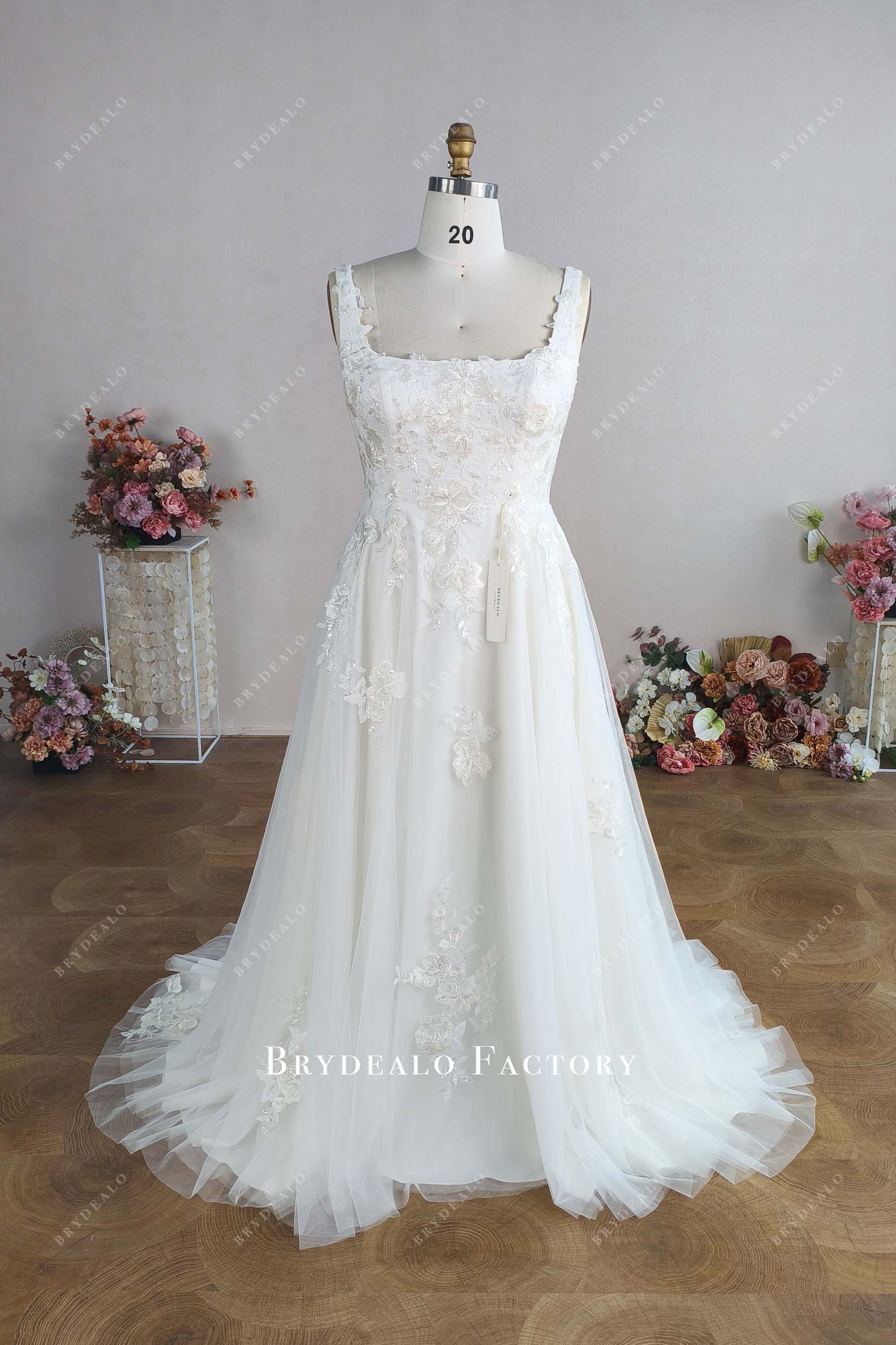 Custom Lace Square Neck A-line Wedding Dress