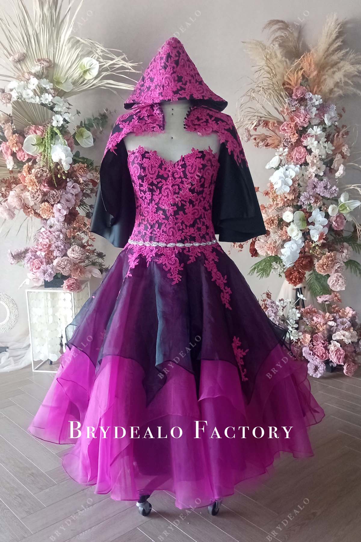 Private Label Custom Fuchsia Lace Organza Black Satin Cloak Hood Dress