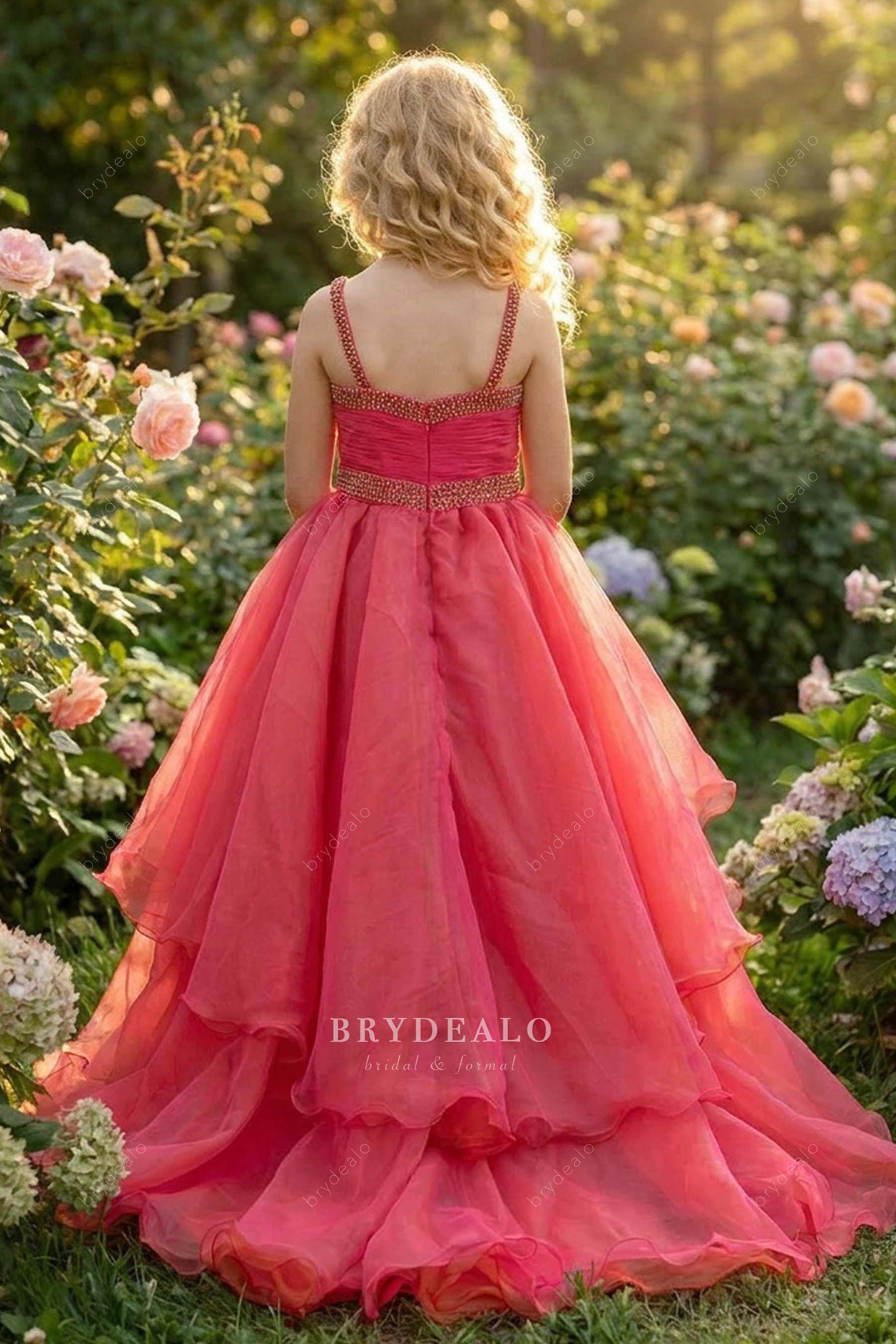 fuchsia long layered little girl pageant dress