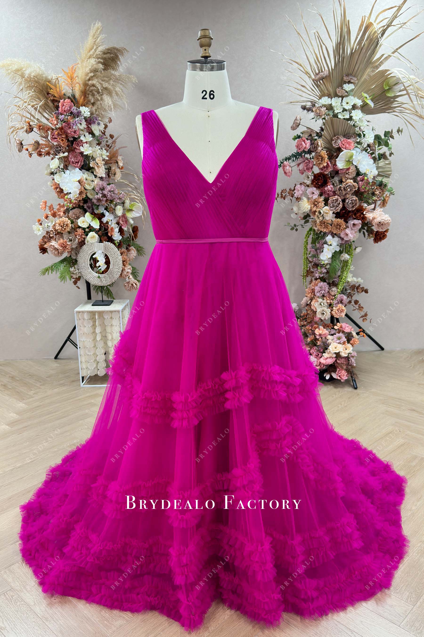 fuchsia plus size V-neck custom formal dress