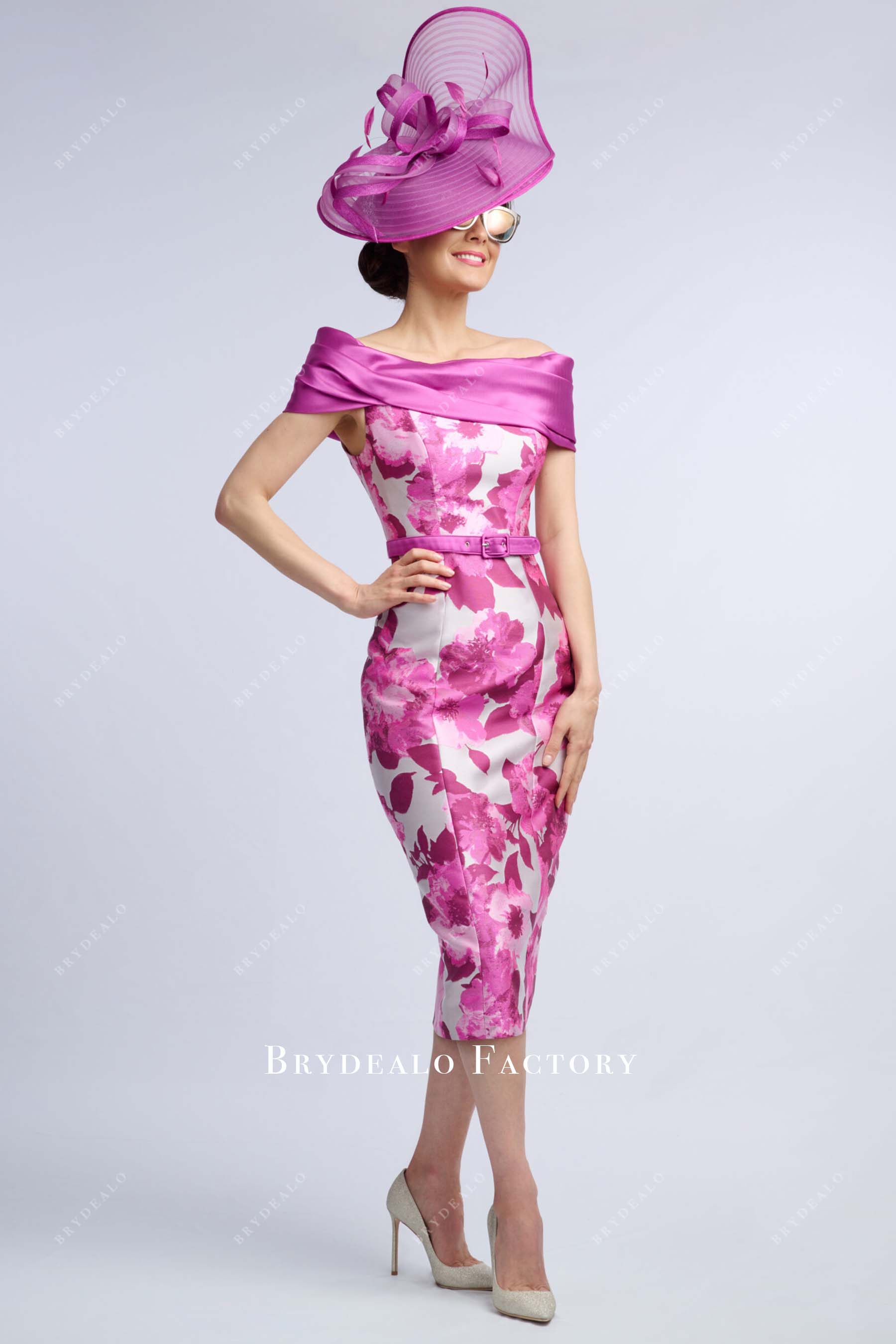 fuchsia print sheath tea length mother of bride dress