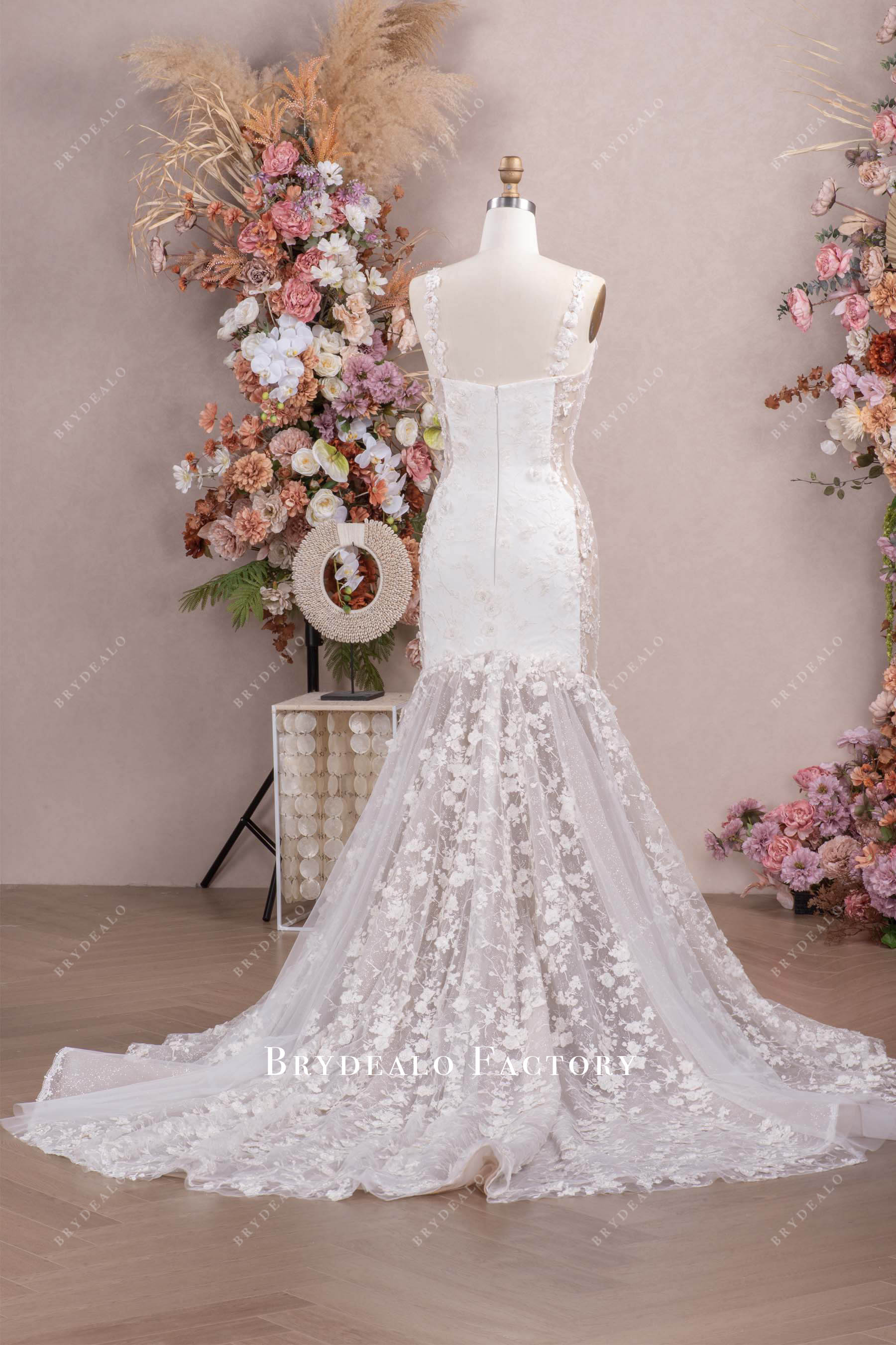 glitter flower lace long mermaid wedding dress