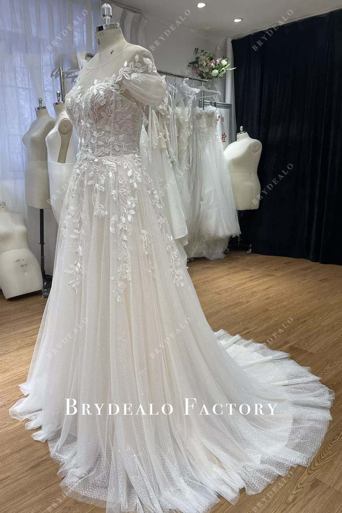 glitter lace a line wedding dress