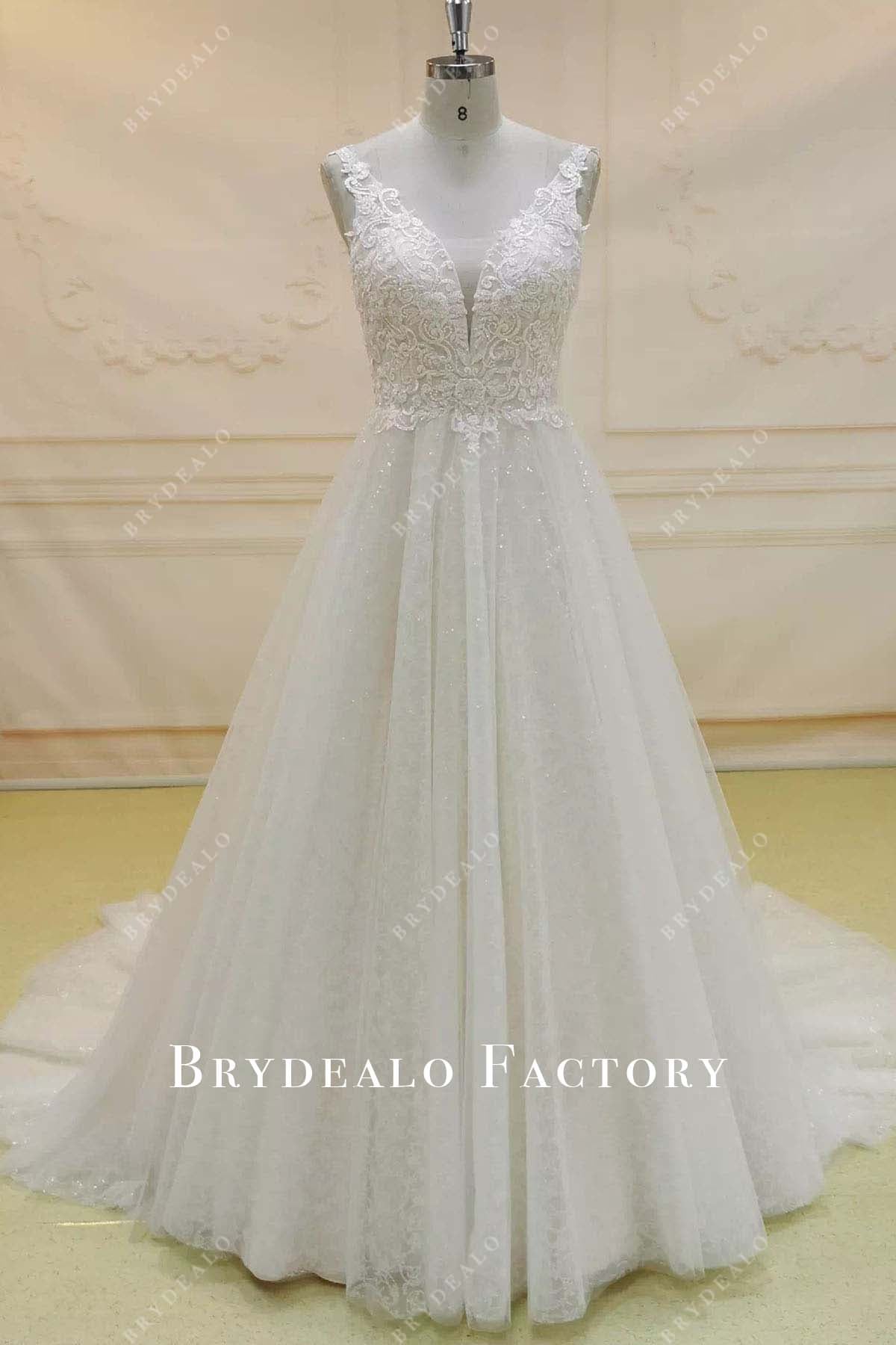 glitter lace a line wedding dress