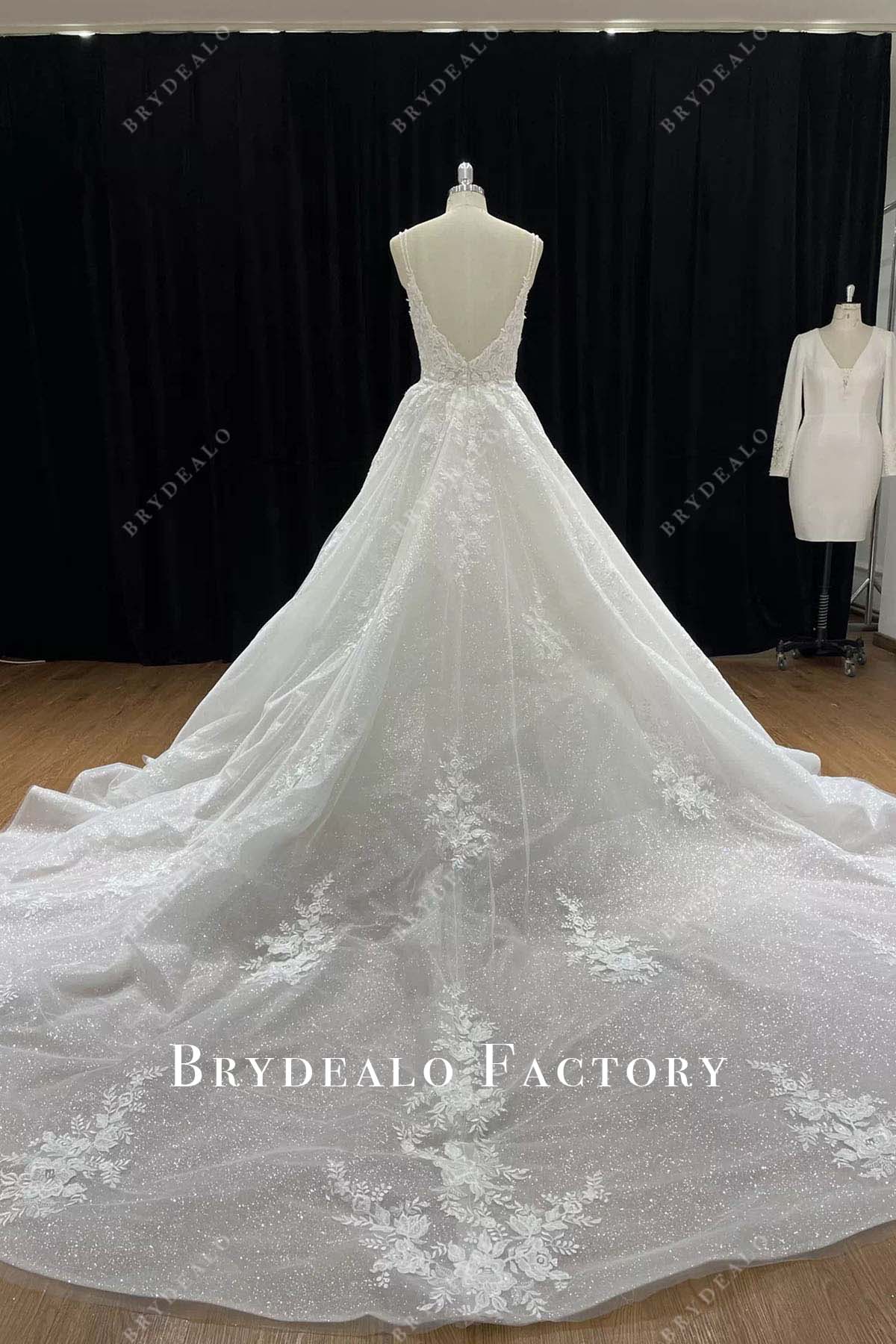 glitter lace cathedral train wedding ballgown