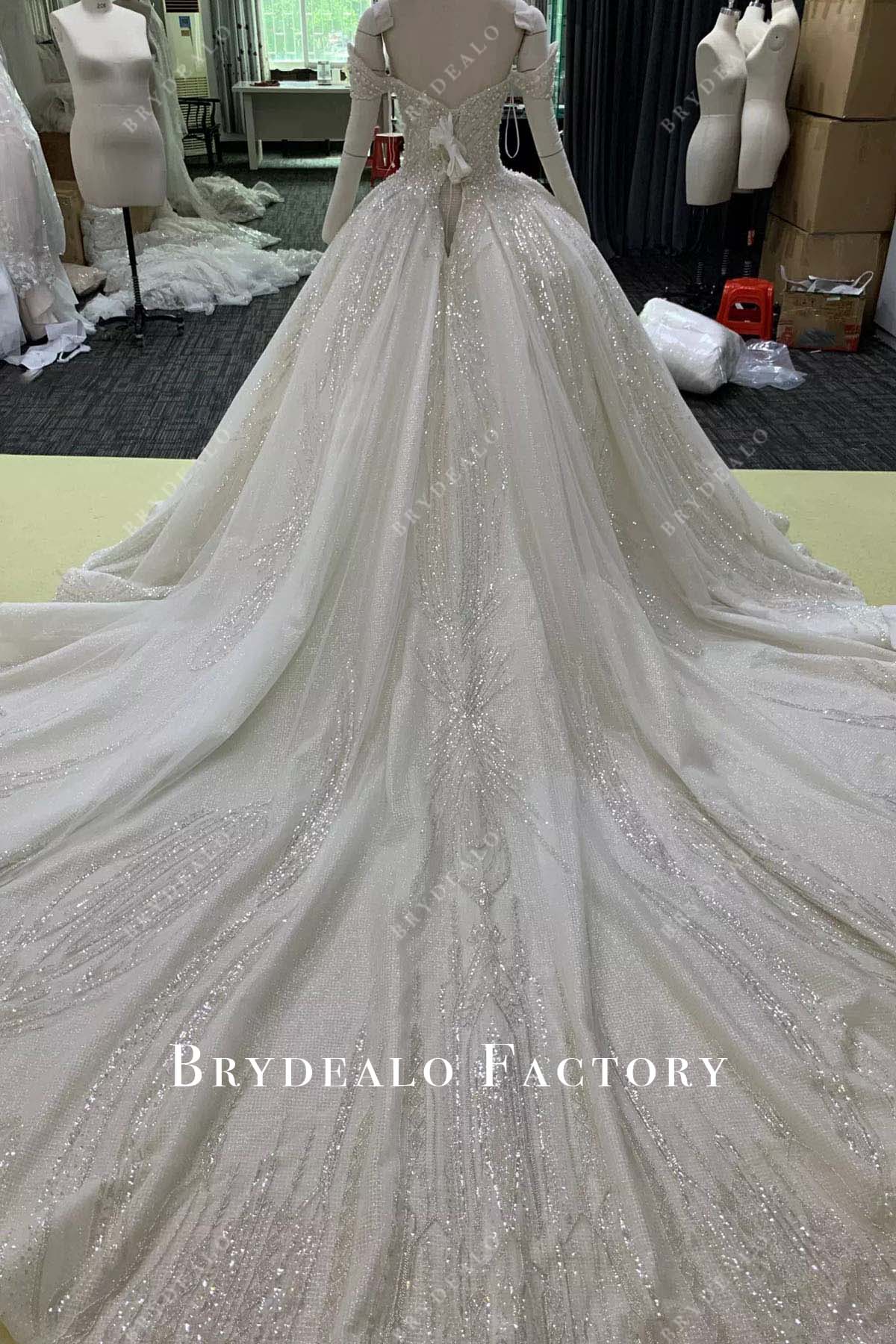 glitter lace cathedral train wedding ballgown