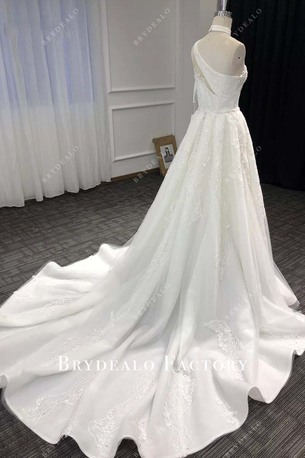 glitter lace chapel train wedding dress